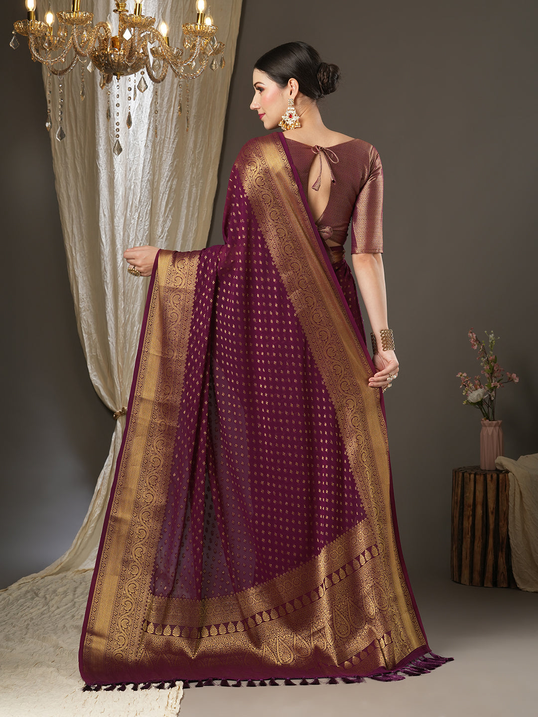 Georgette Burgundy Woven Design Designer Saree With Blouse