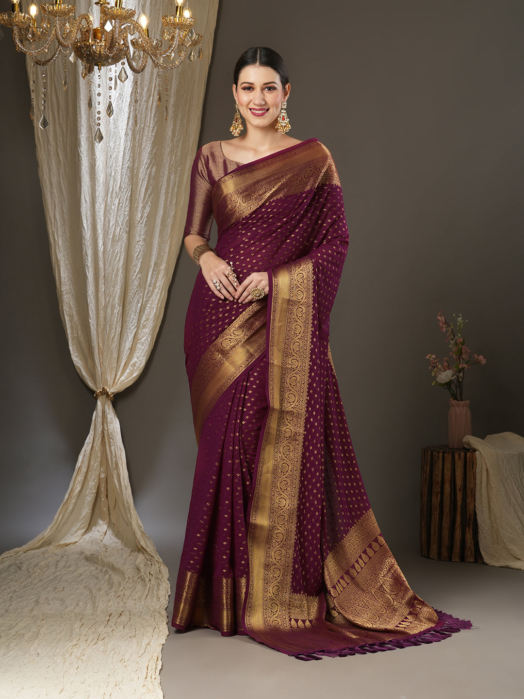 Georgette Burgundy Woven Design Designer Saree With Blouse