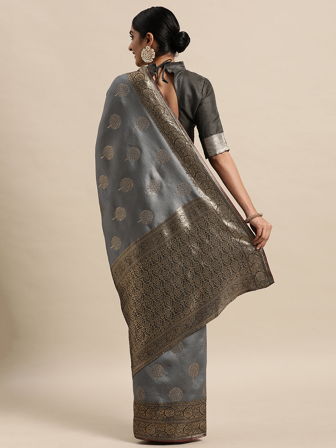 Silk Blend Grey WovenDesign DesignerSaree With Blouse Piece