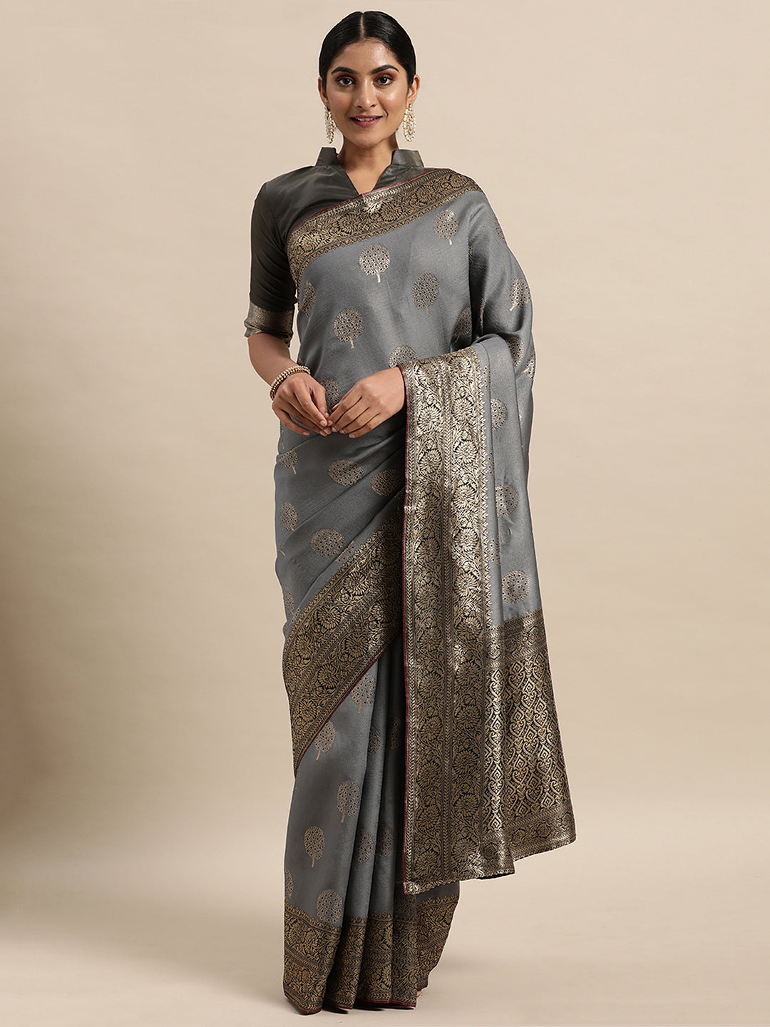 Silk Blend Grey WovenDesign DesignerSaree With Blouse Piece