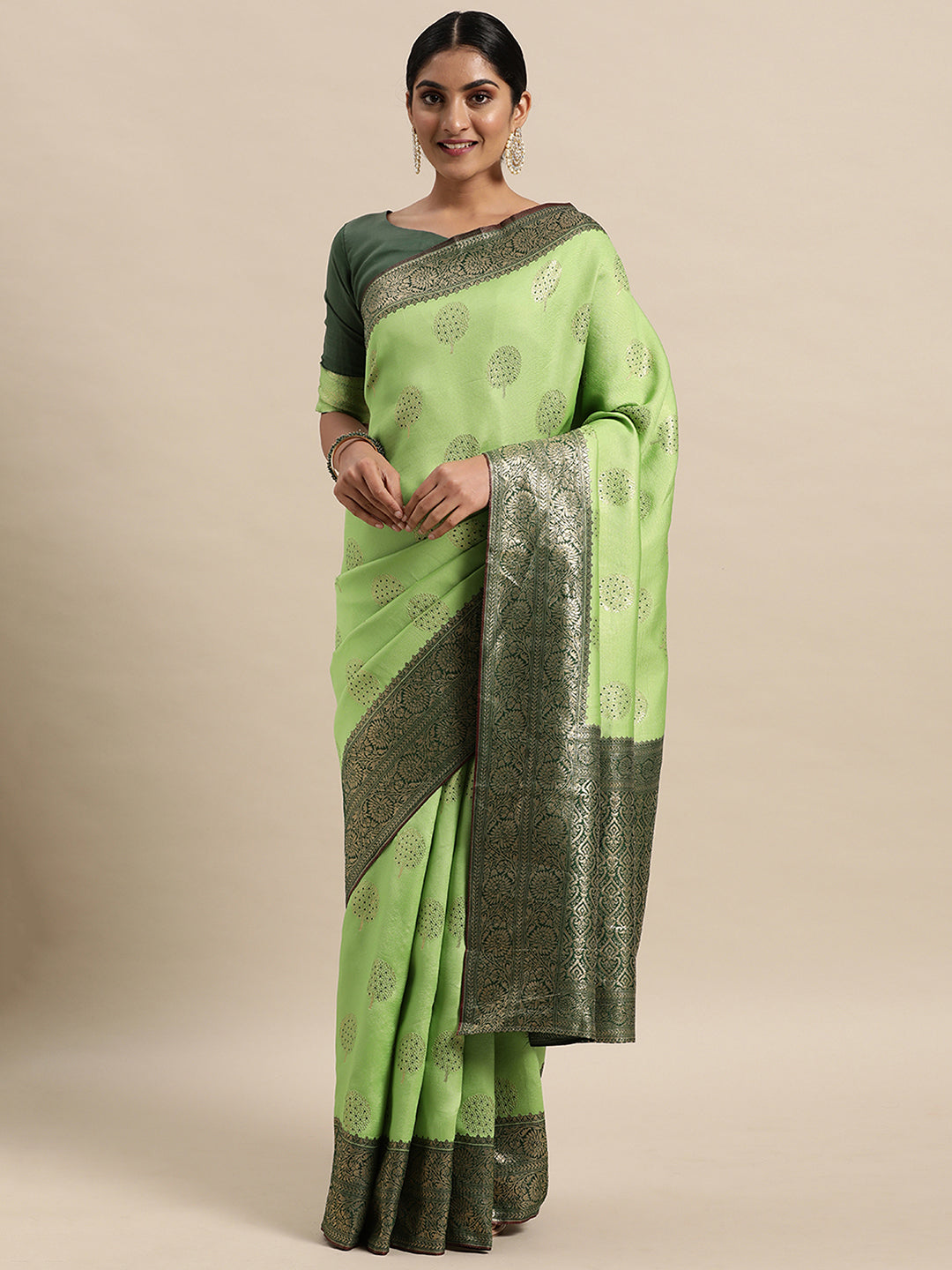 Silk Blend Green WovenDesign DesignerSaree With Blouse Piece