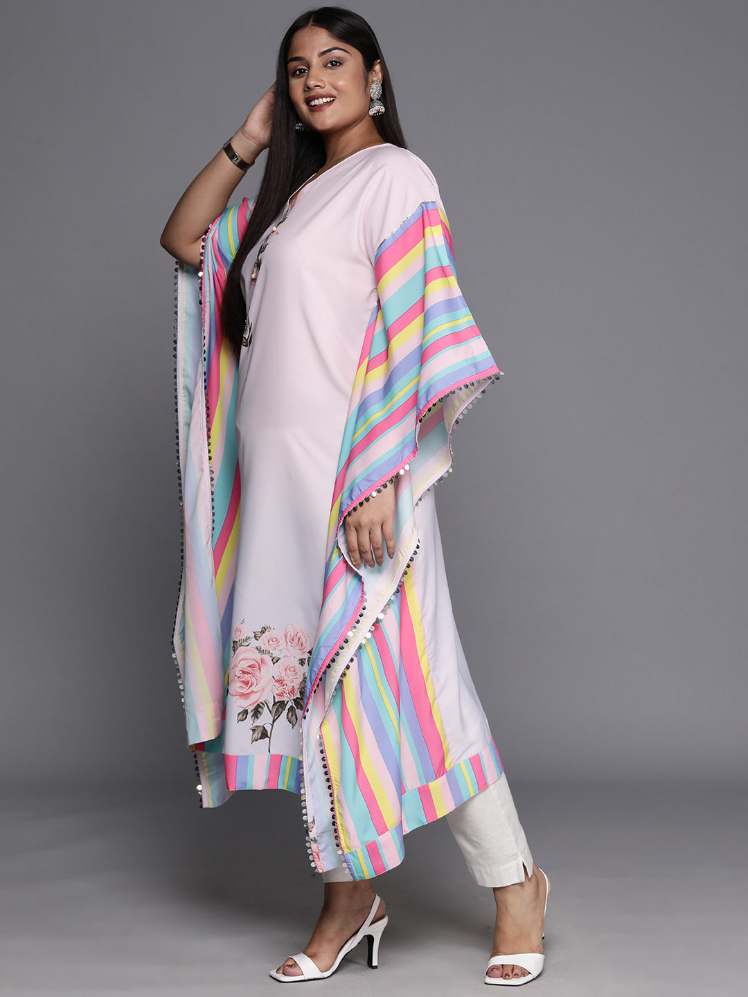 Pink & Yellow Printed Plus Size Kaftan Kurta