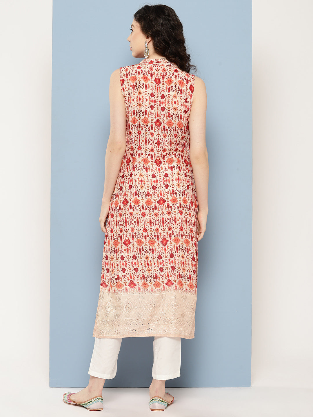 Beige & Maroon Printed Gotta Patti Kurta