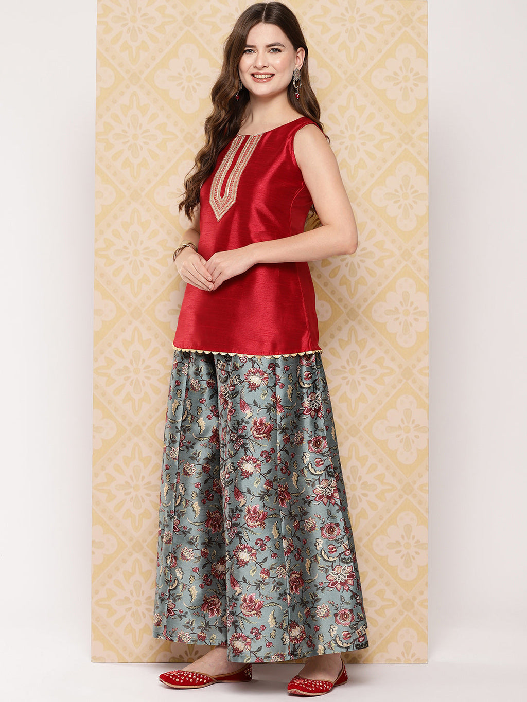 Red & Green Printed Ethnic Embellished Top with Palazzos-AH