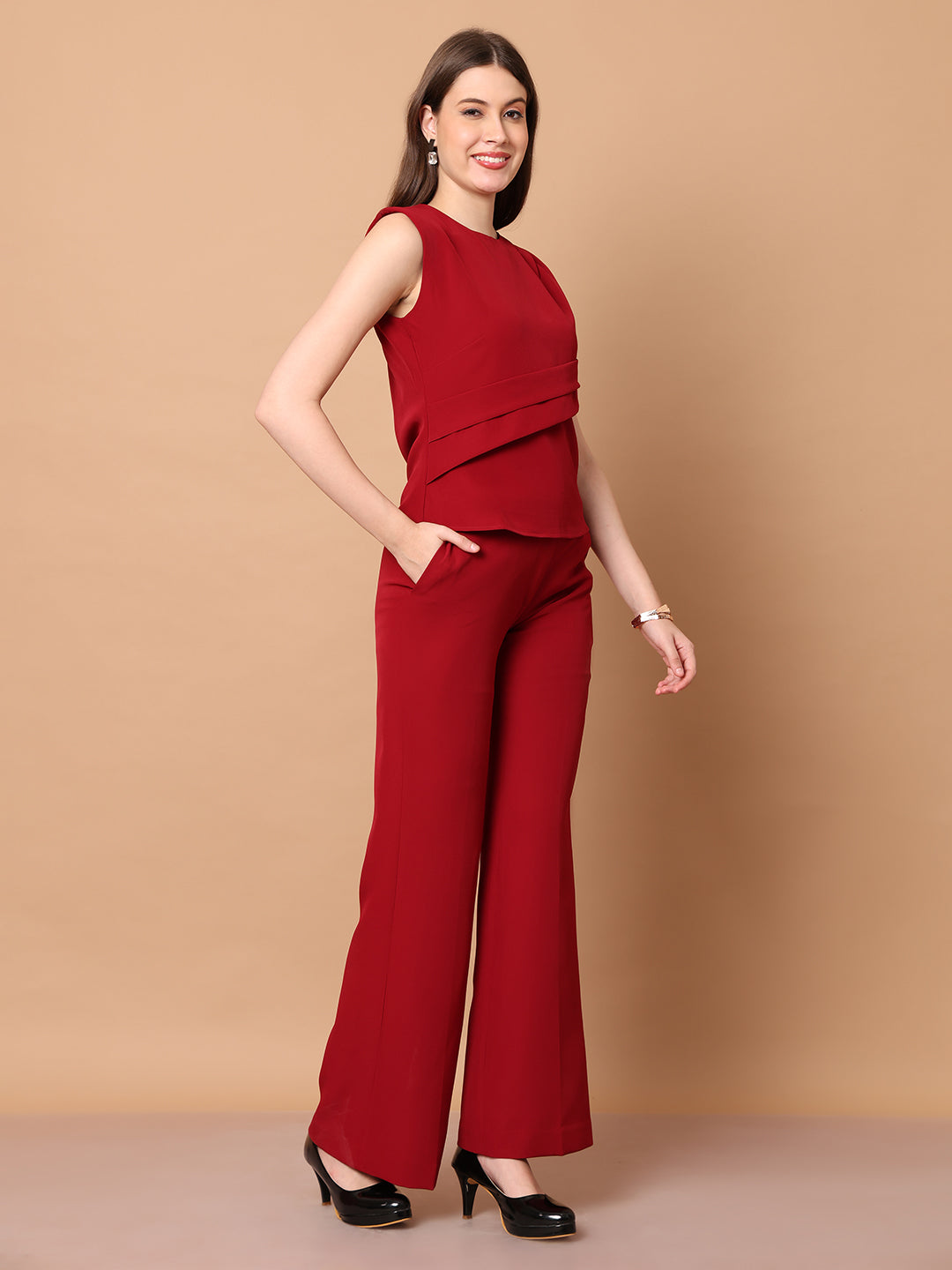 Exude Power in Motion Side and Shoulder Pleat Top Paired with Bootcut Trousers