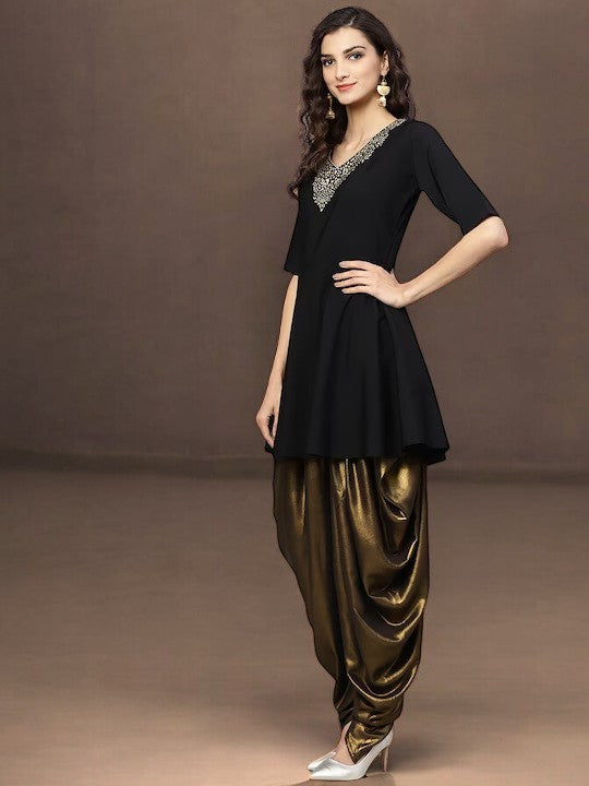 Black & Gold A-line Kurta Sets