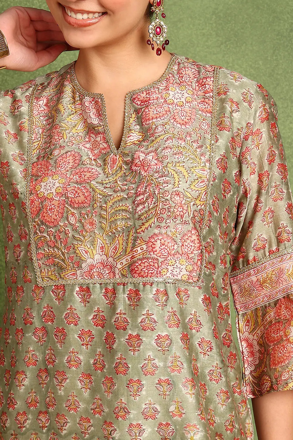 Green Hand Block Printed Chanderi Silk Tunic