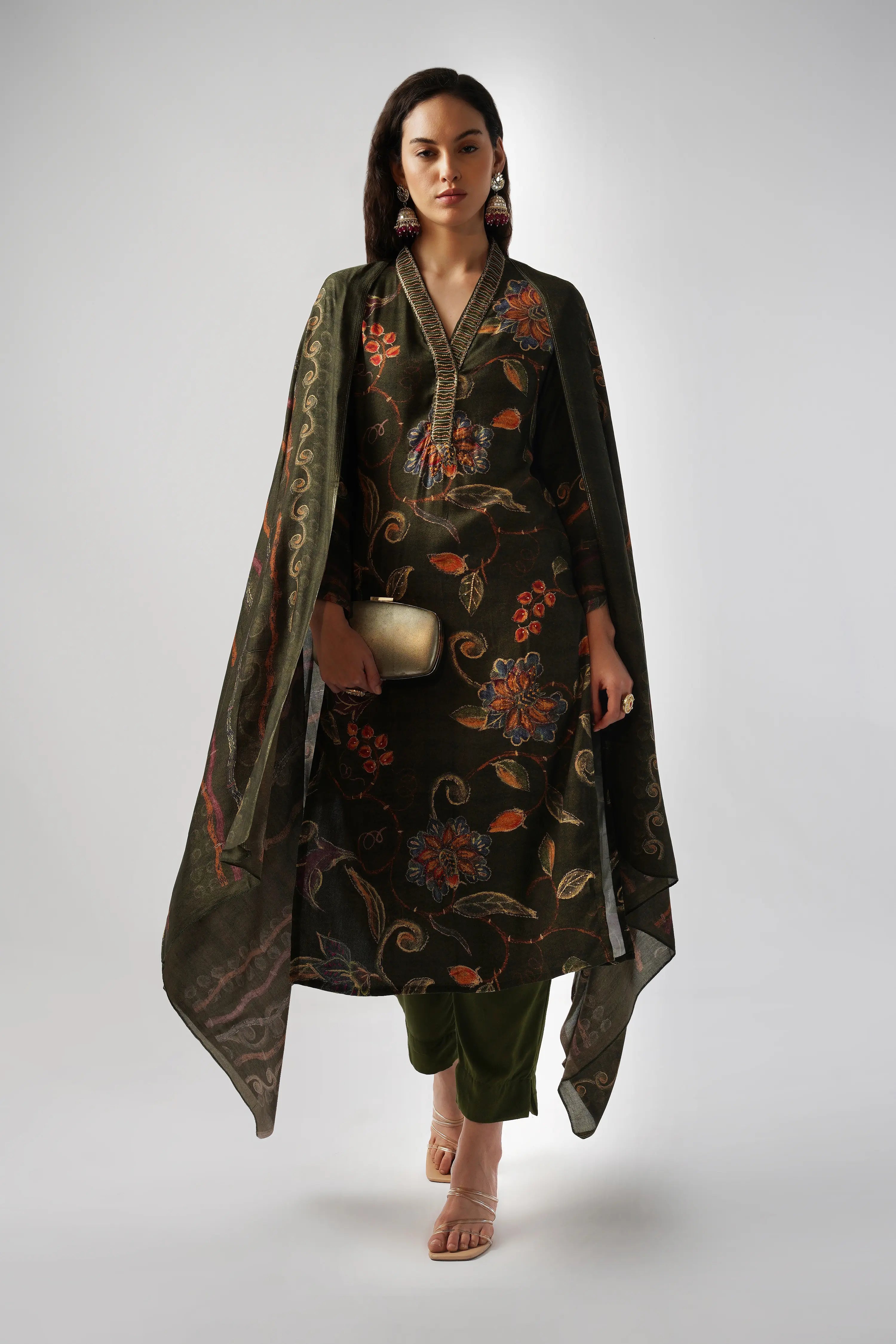 Forest Green Pure Pashmina Wool Designer Kurta Set with Embroidery