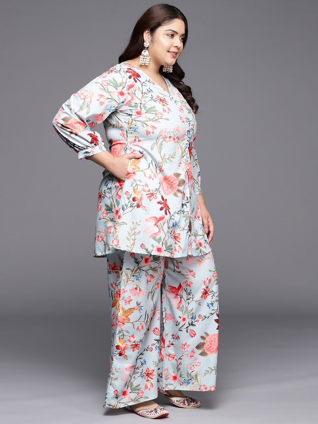 Grey & Pink Floral Printed Plus Size Tunic with Palazzos-AH