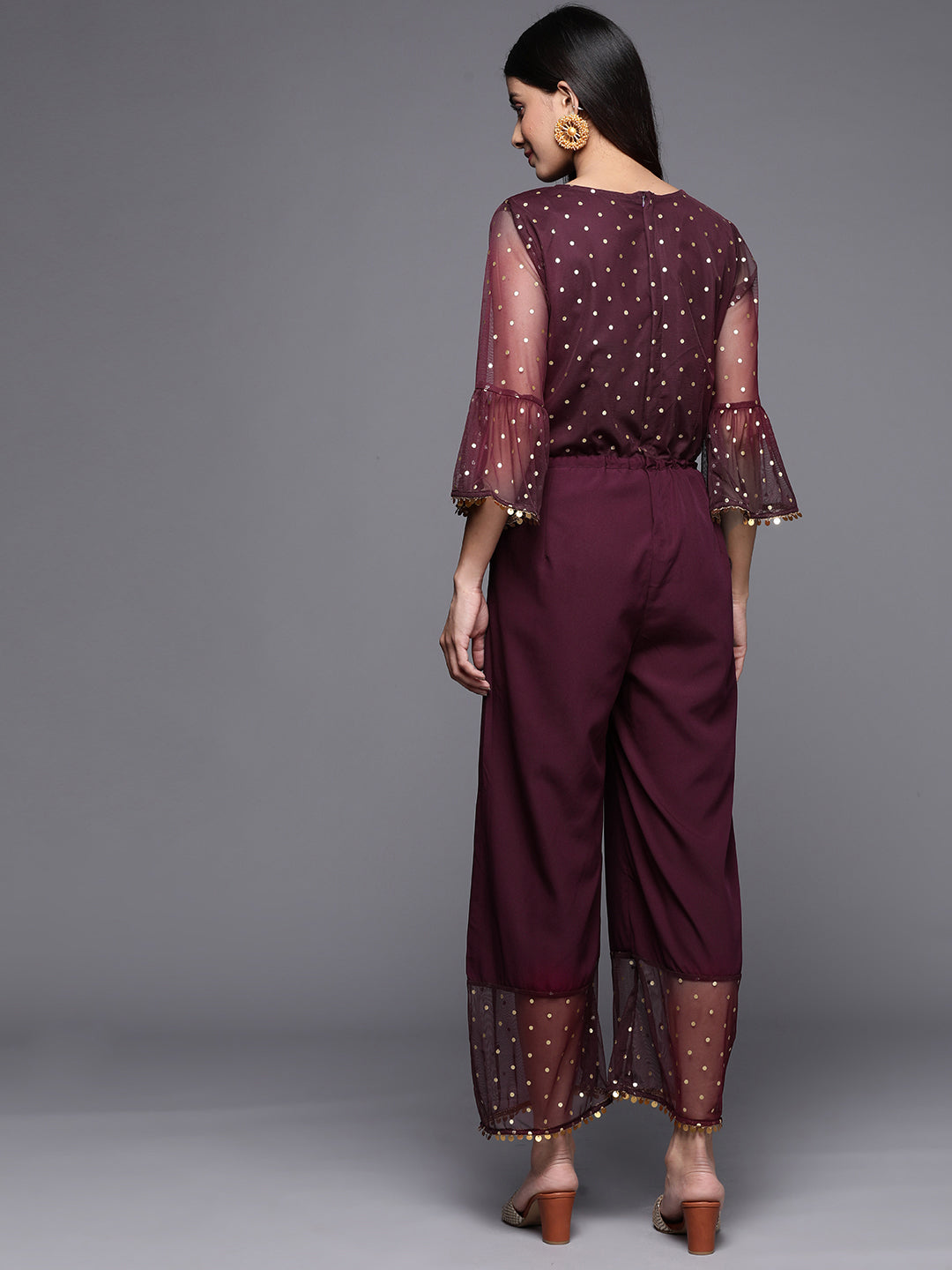 Burgundy Polka Dots Printed Jumpsuit With Waist Tie-Ups