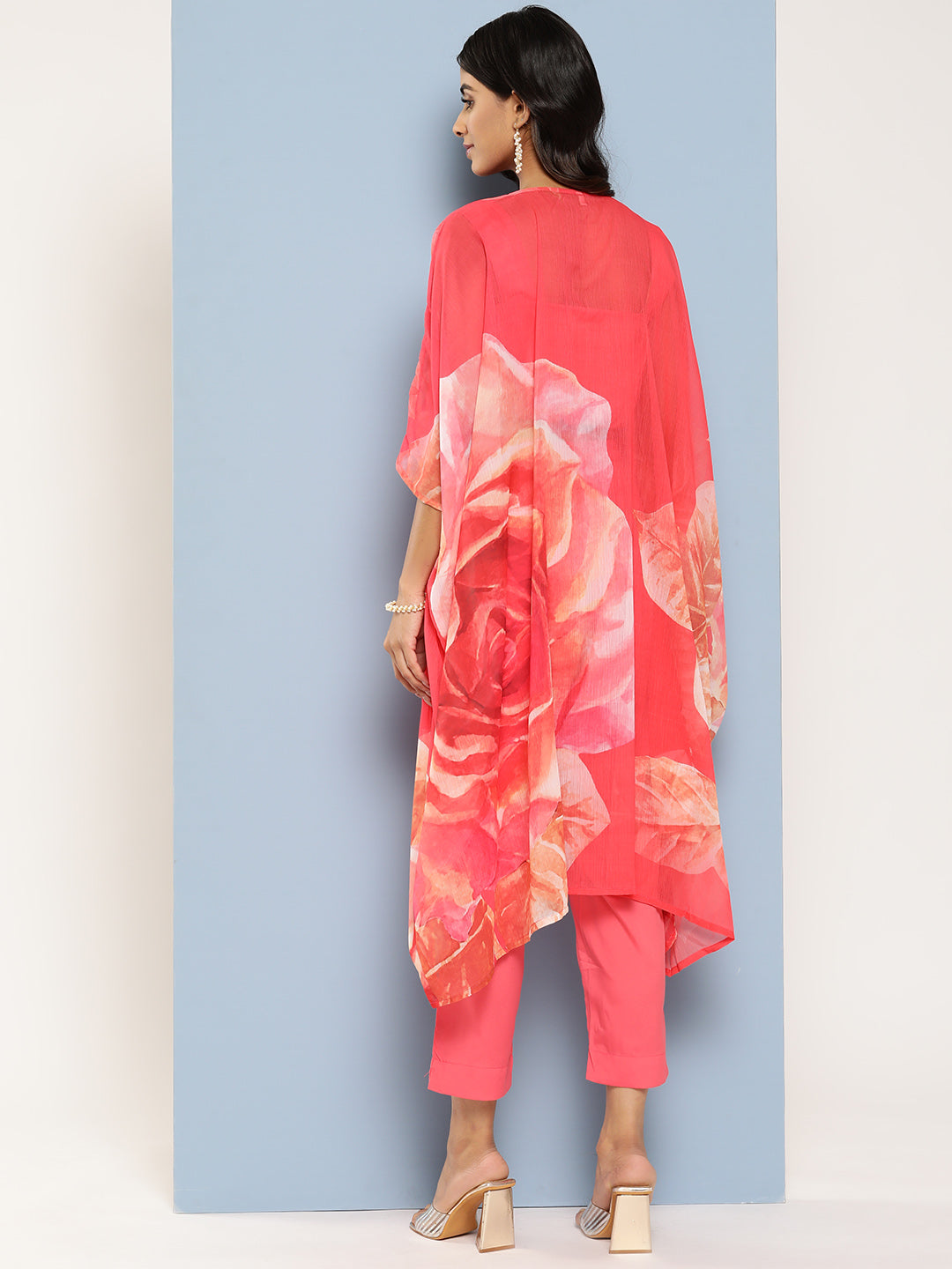 Coral Solid Top with Palazzos & Printed Shrug