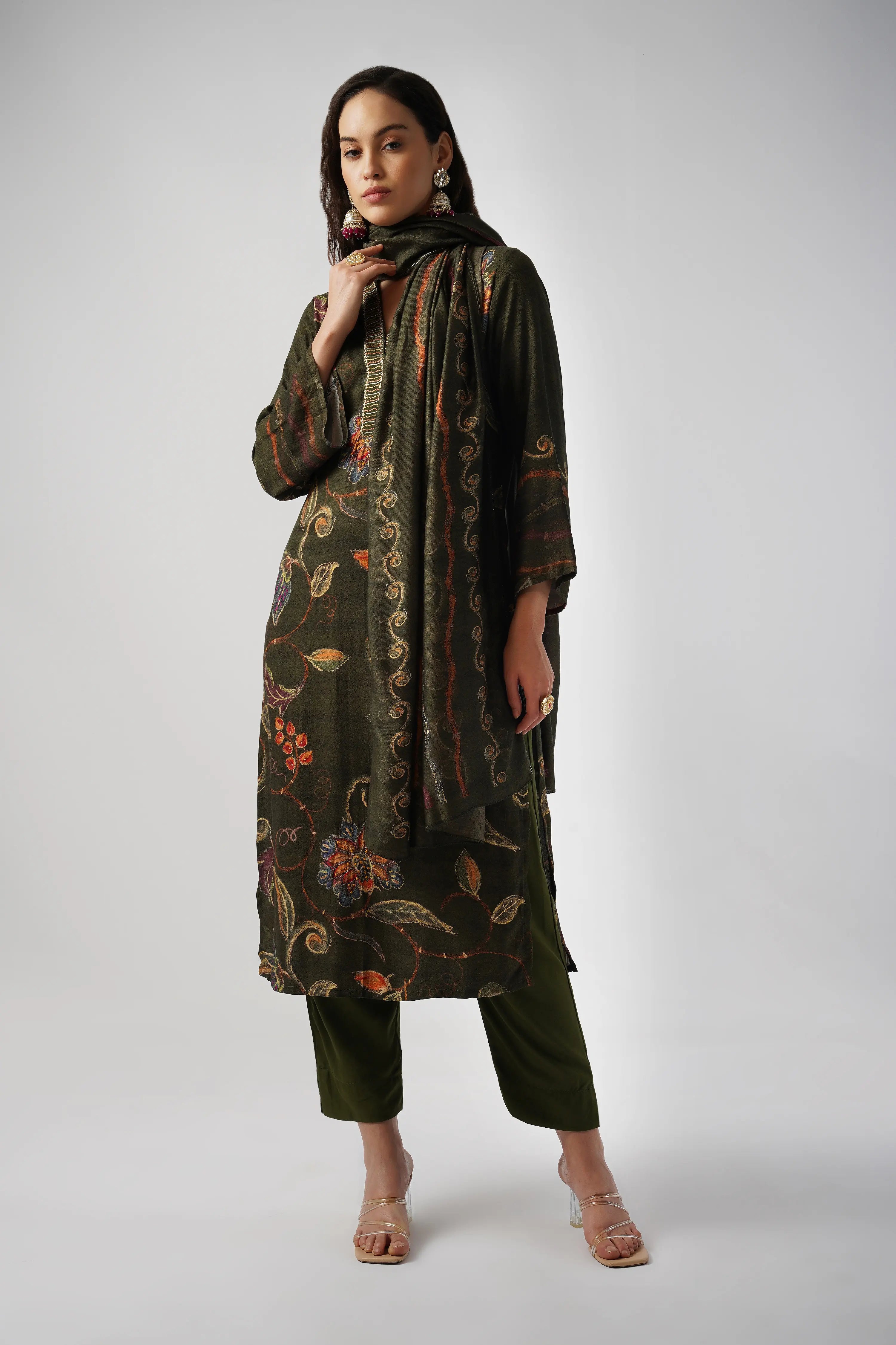 Forest Green Pure Pashmina Wool Designer Kurta Set with Embroidery