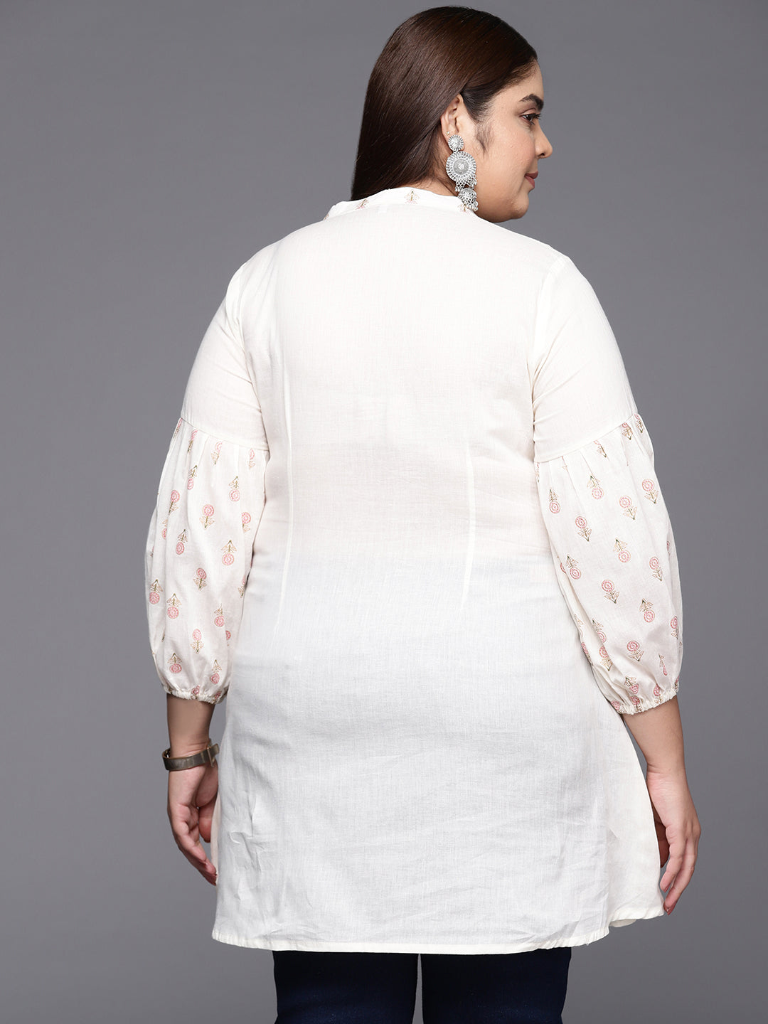 Off White Plus Size Mandarin Collar Printed Pure Cotton Tunic