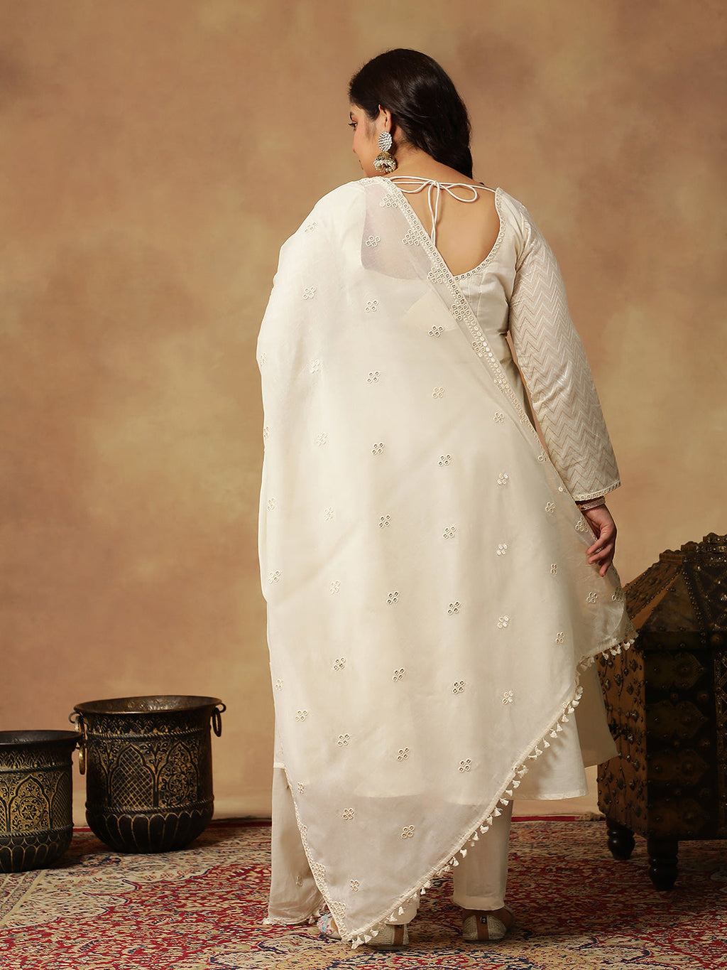 Sequinned Embroidered Empire Thread Work Anarkali Kurta with Trousers & Dupatta - ID