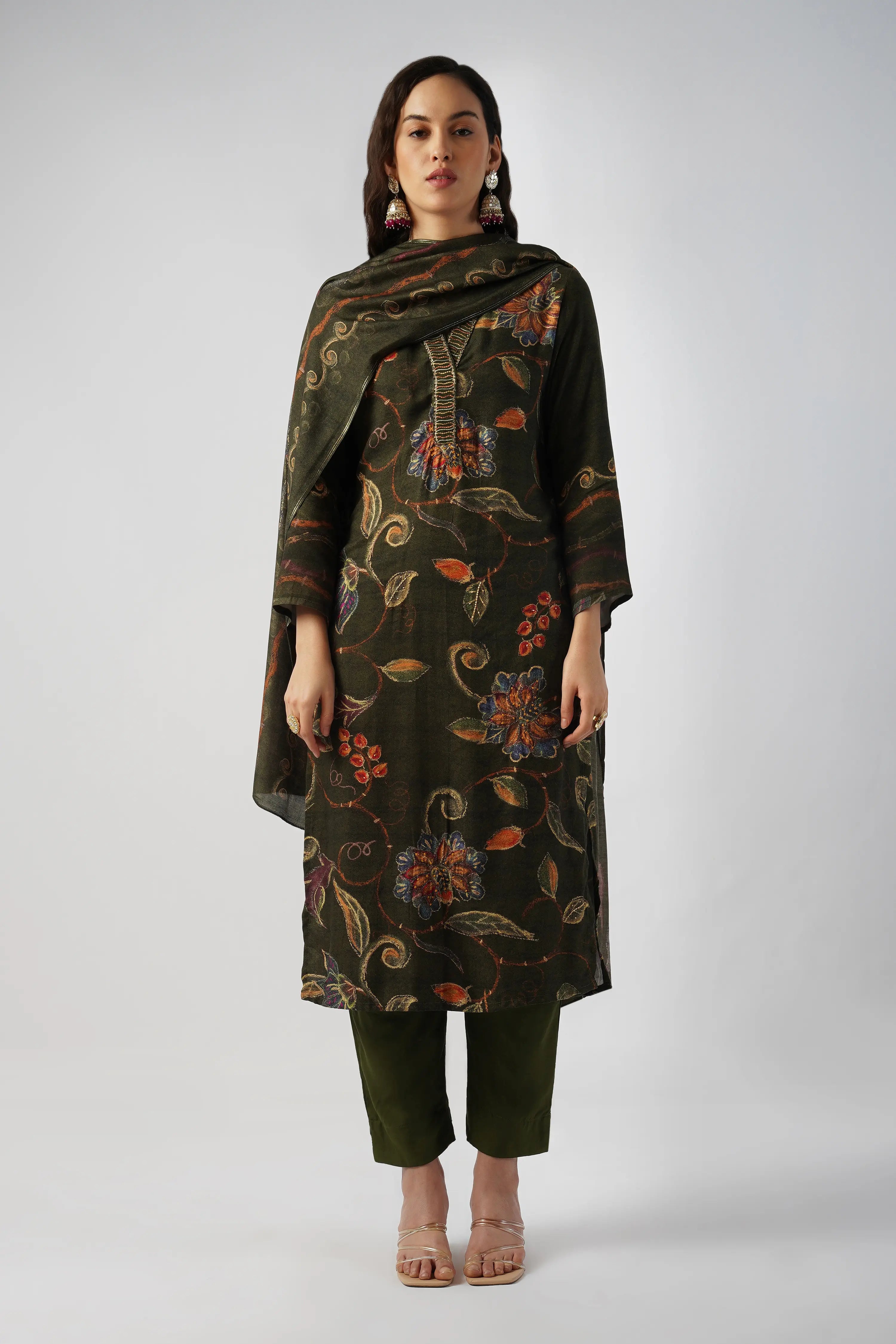 Forest Green Pure Pashmina Wool Designer Kurta Set with Embroidery