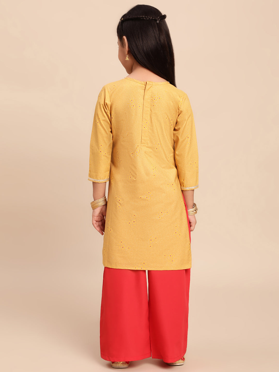 Mustard Yellow & Red Printed Girls Kurta Set