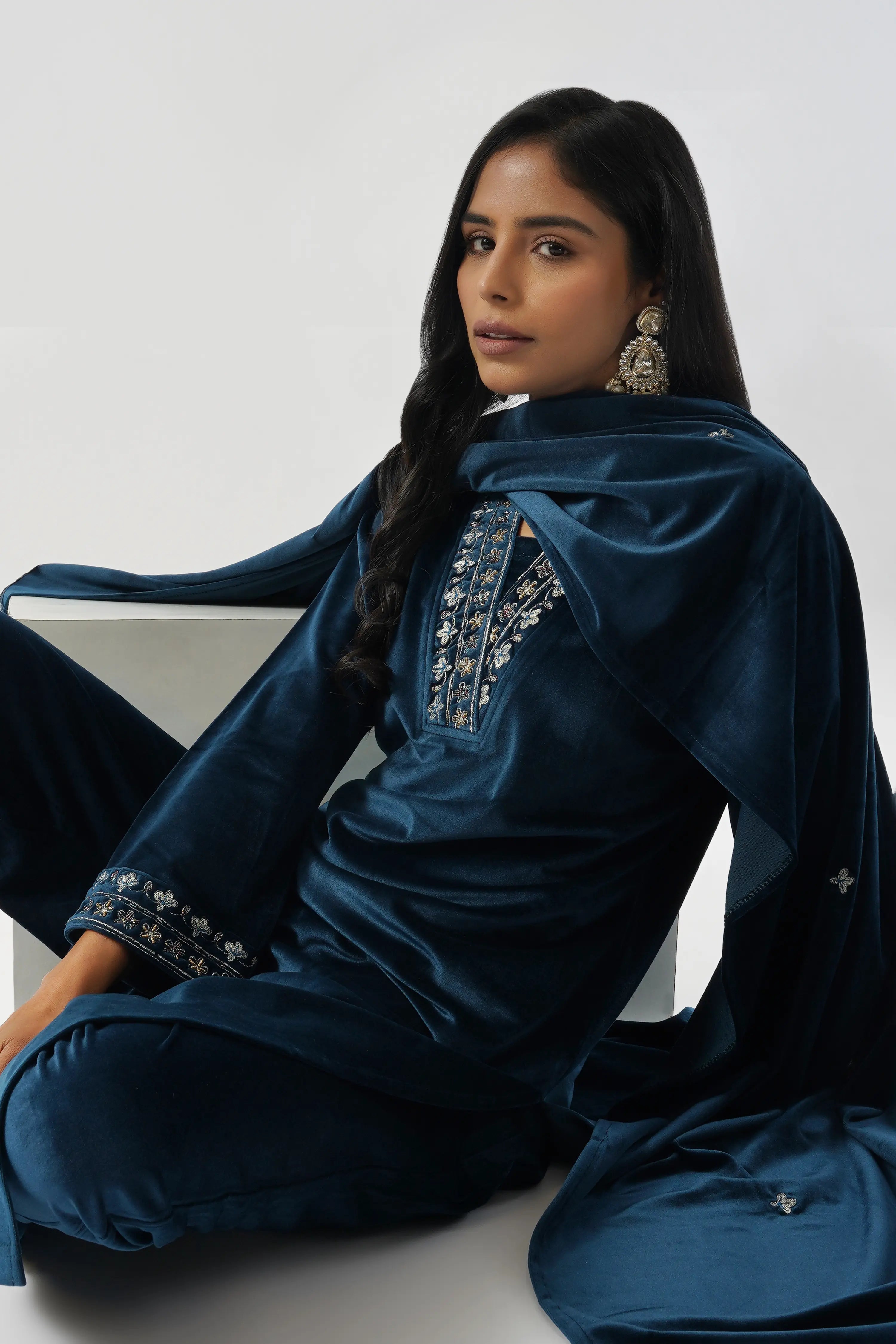 Midnight Plush Velvet Hand Embroidered Kurta Set