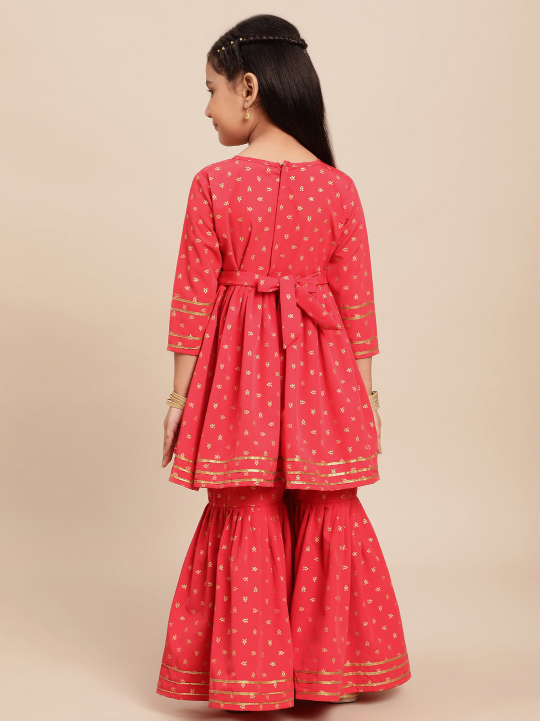 Red Cotton Girl's Frock Suit with Gharara Palazzo