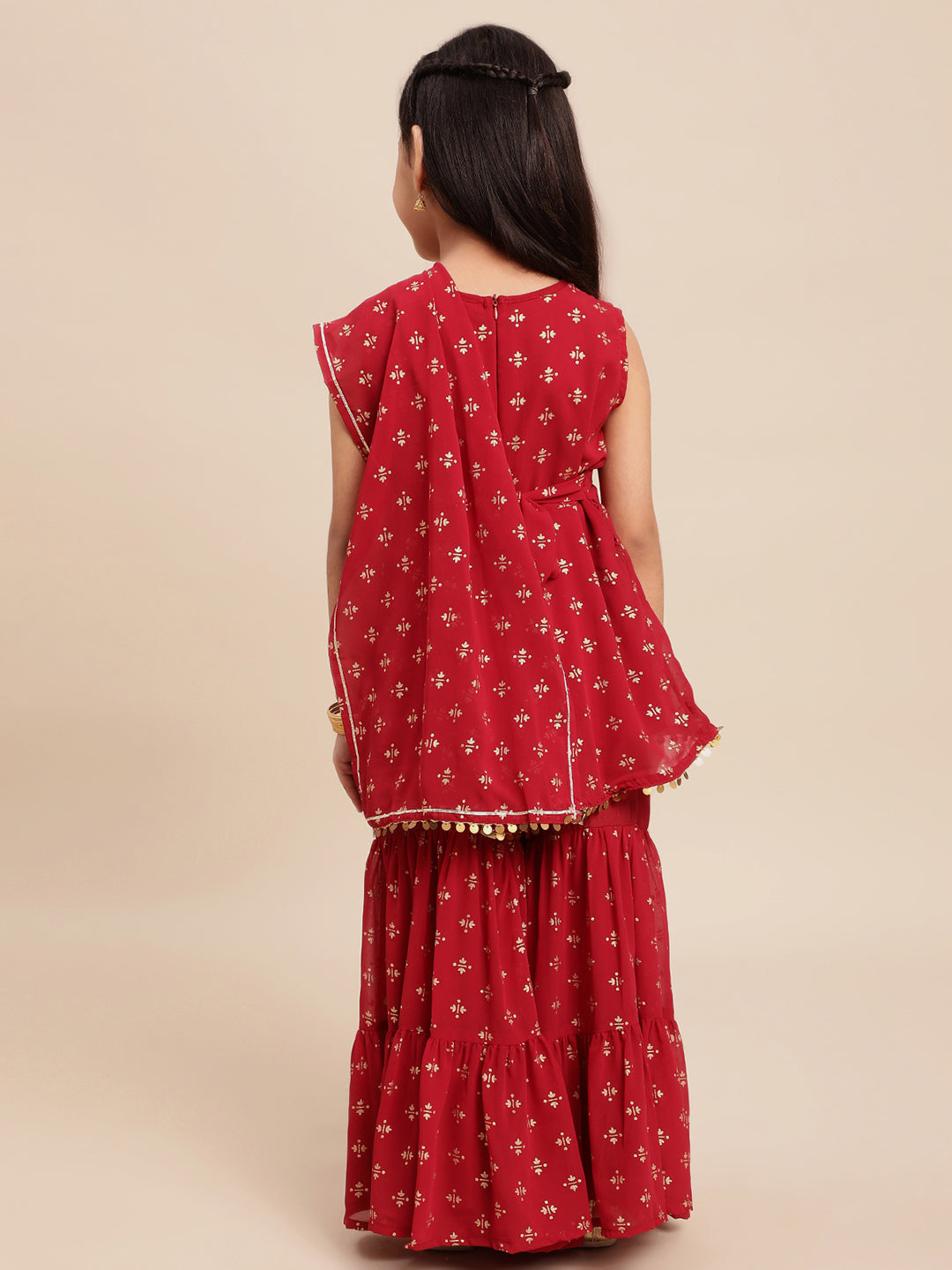 Maroon & Gold Foil Print Girls Peplum style Sharara Set With Dupatta