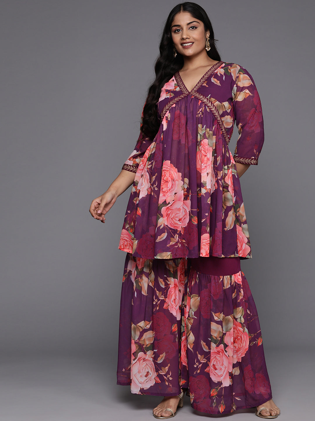 Purple Plus Size Printed Ethnic Co-Ords