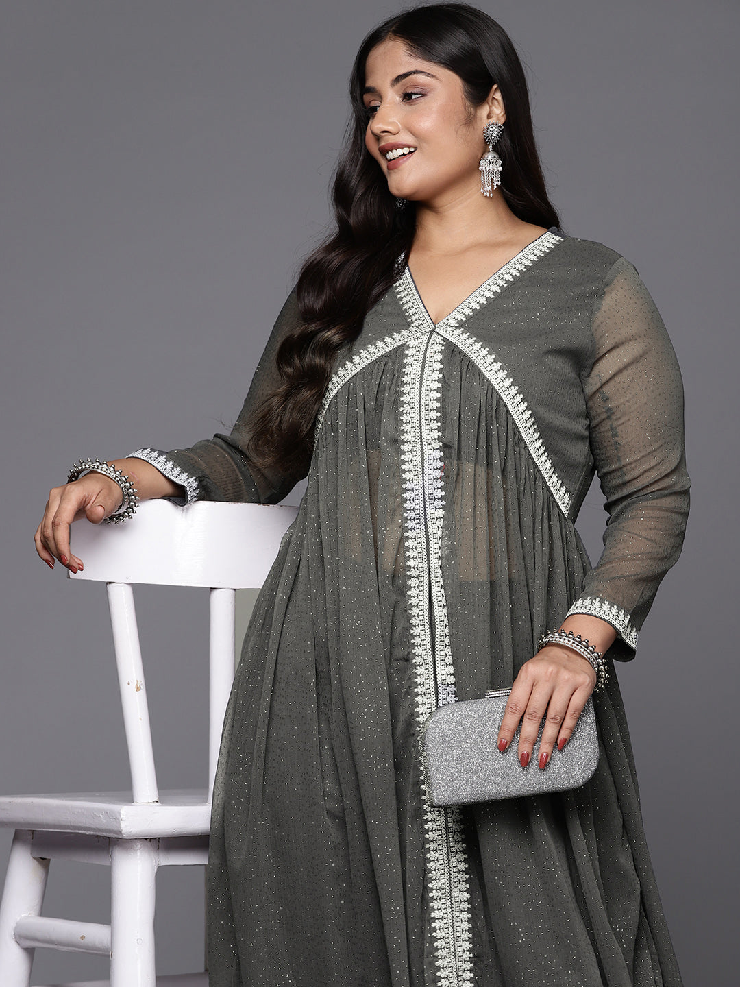 Grey Glitter Printed Plus Size High Slit Kurta with Trousers