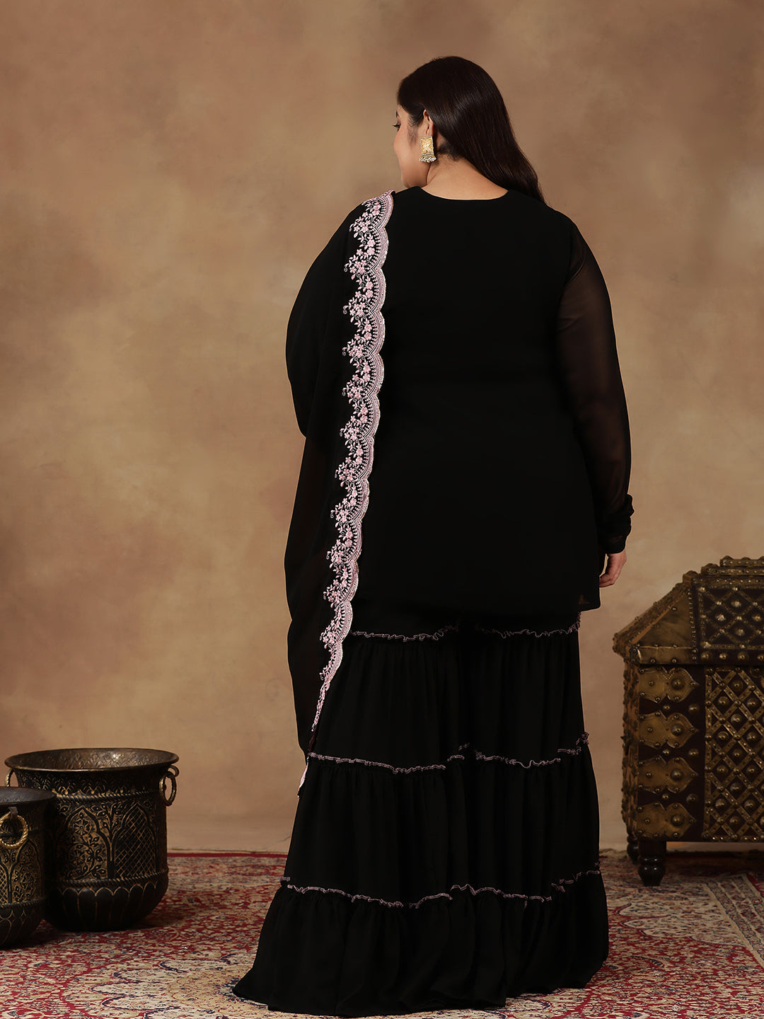 Plus Size Floral Embroidered Thread Work Kurta With Sharara & Dupatta - ID
