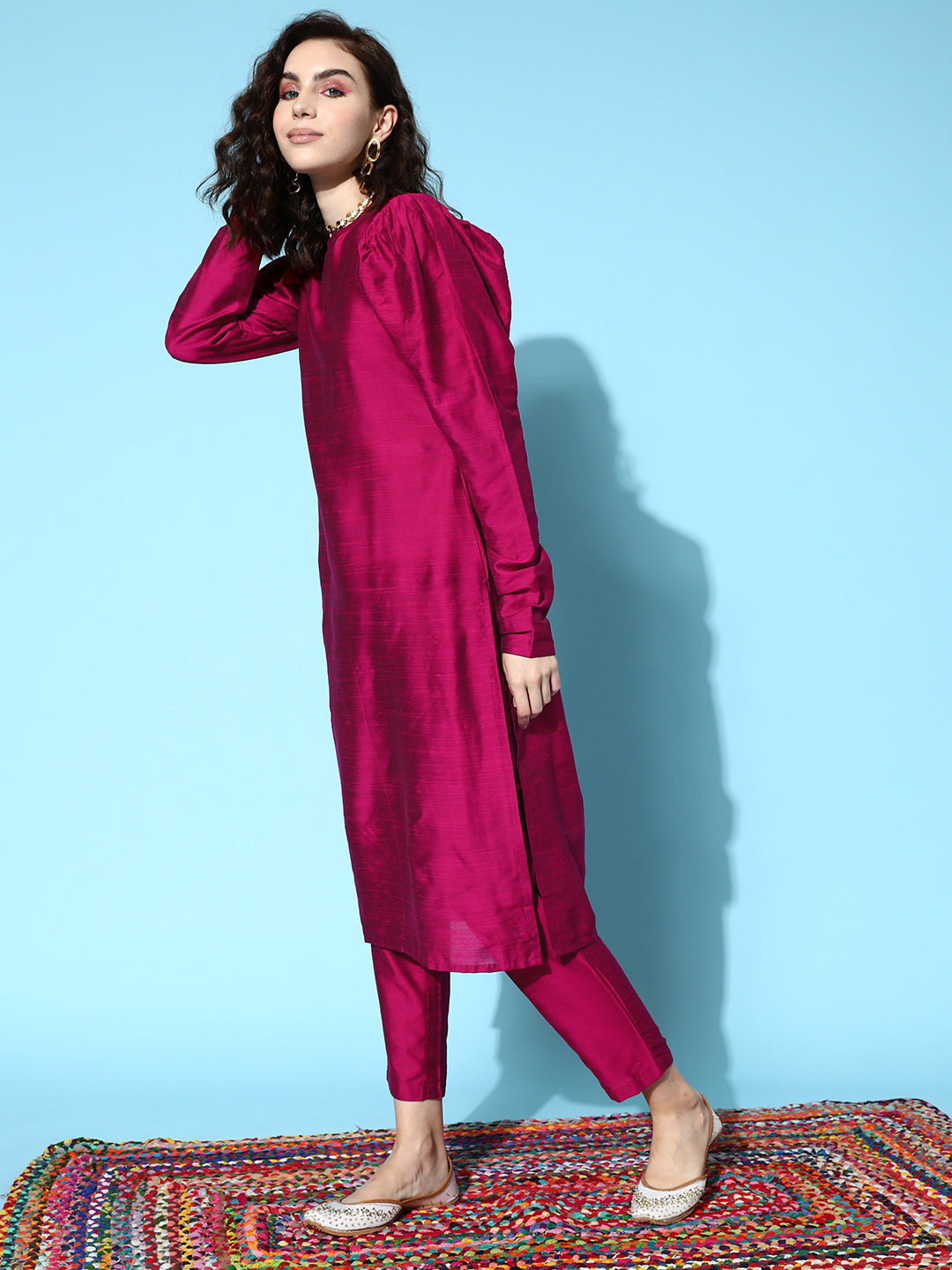 Burgundy Solid Straight Kurta with Trousers