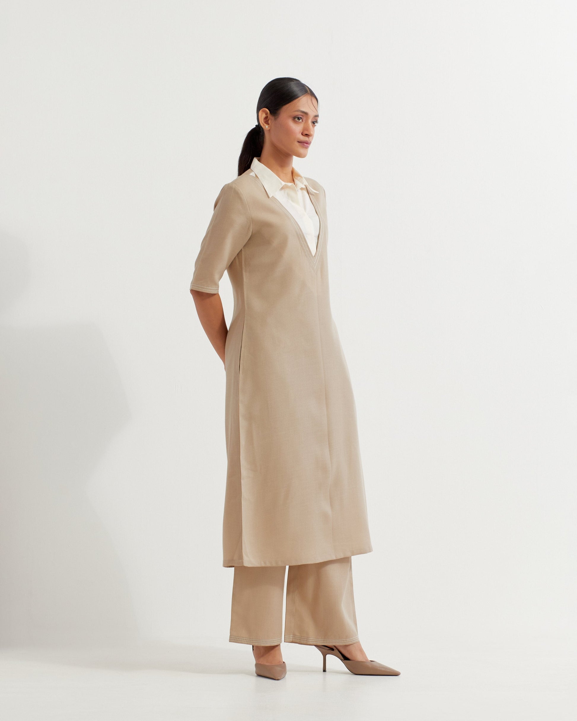 Beige Collared Co-ord Set (Set of 2)- IC