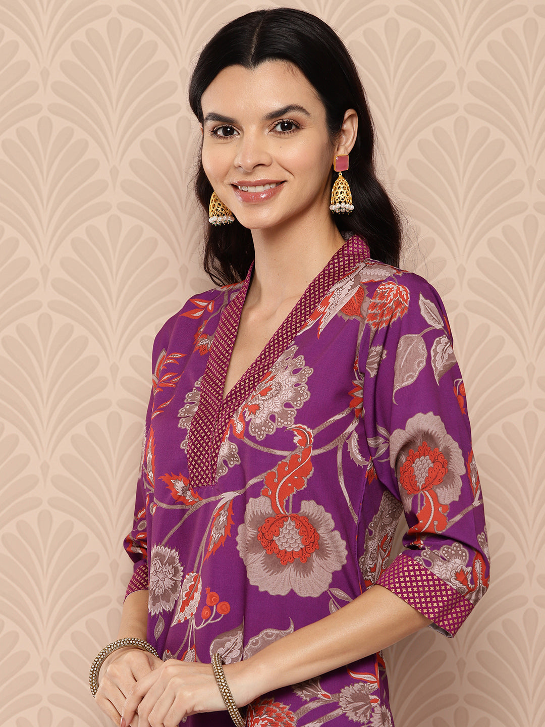 Purple Floral Printed Regular Kurta with Trousers