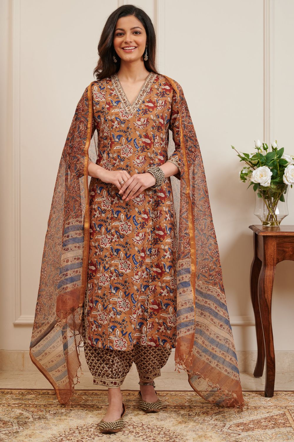 Brown Hand Block Printed Kota Doria  Dupatta