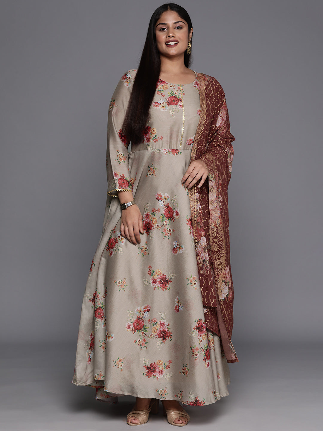 Brown & Grey Floral Printed Plus Size Maxi Ethnic Dress With Dupatta