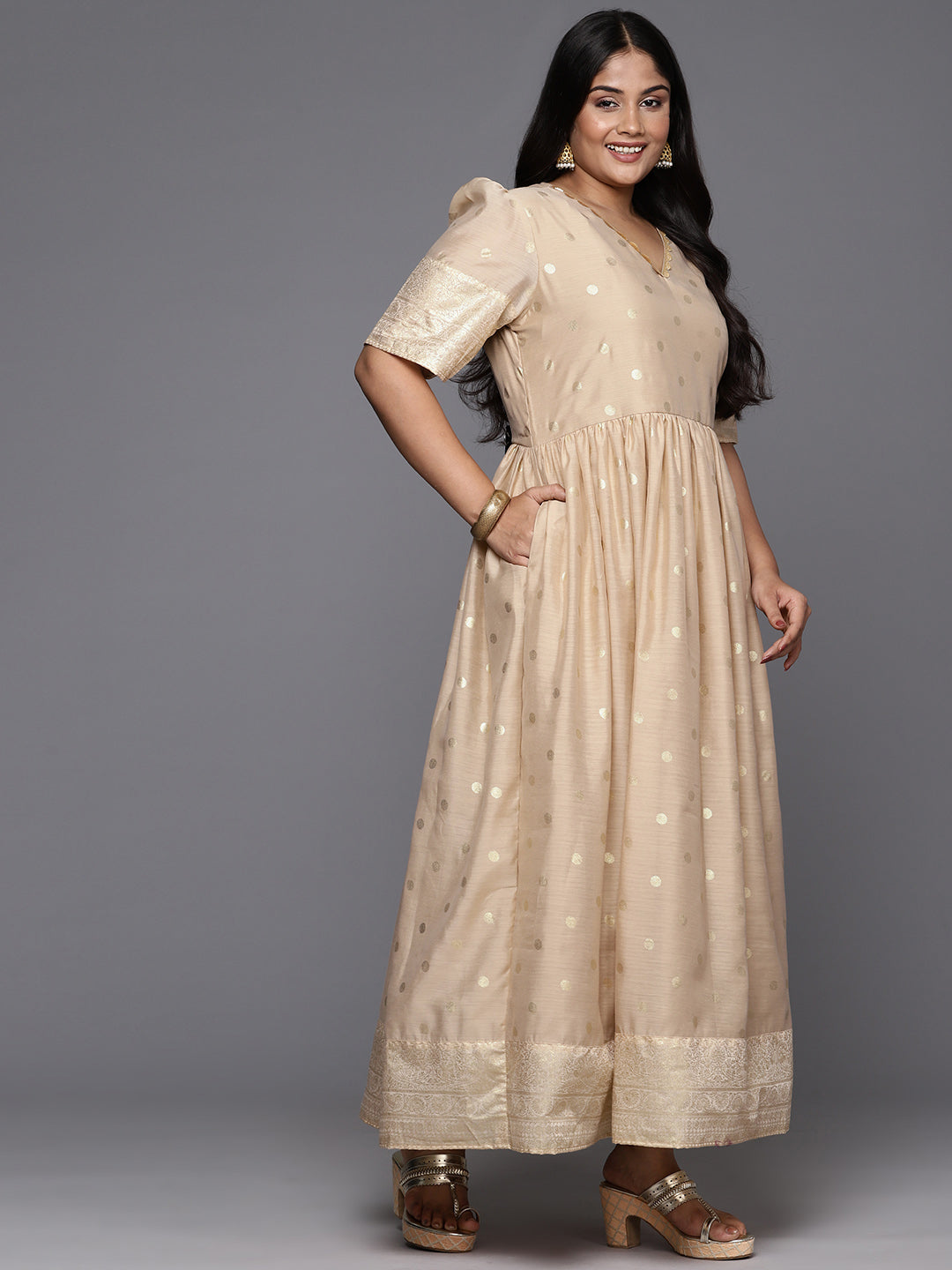 Beige Printed Plus Size Fit & Flare Maxi Dress