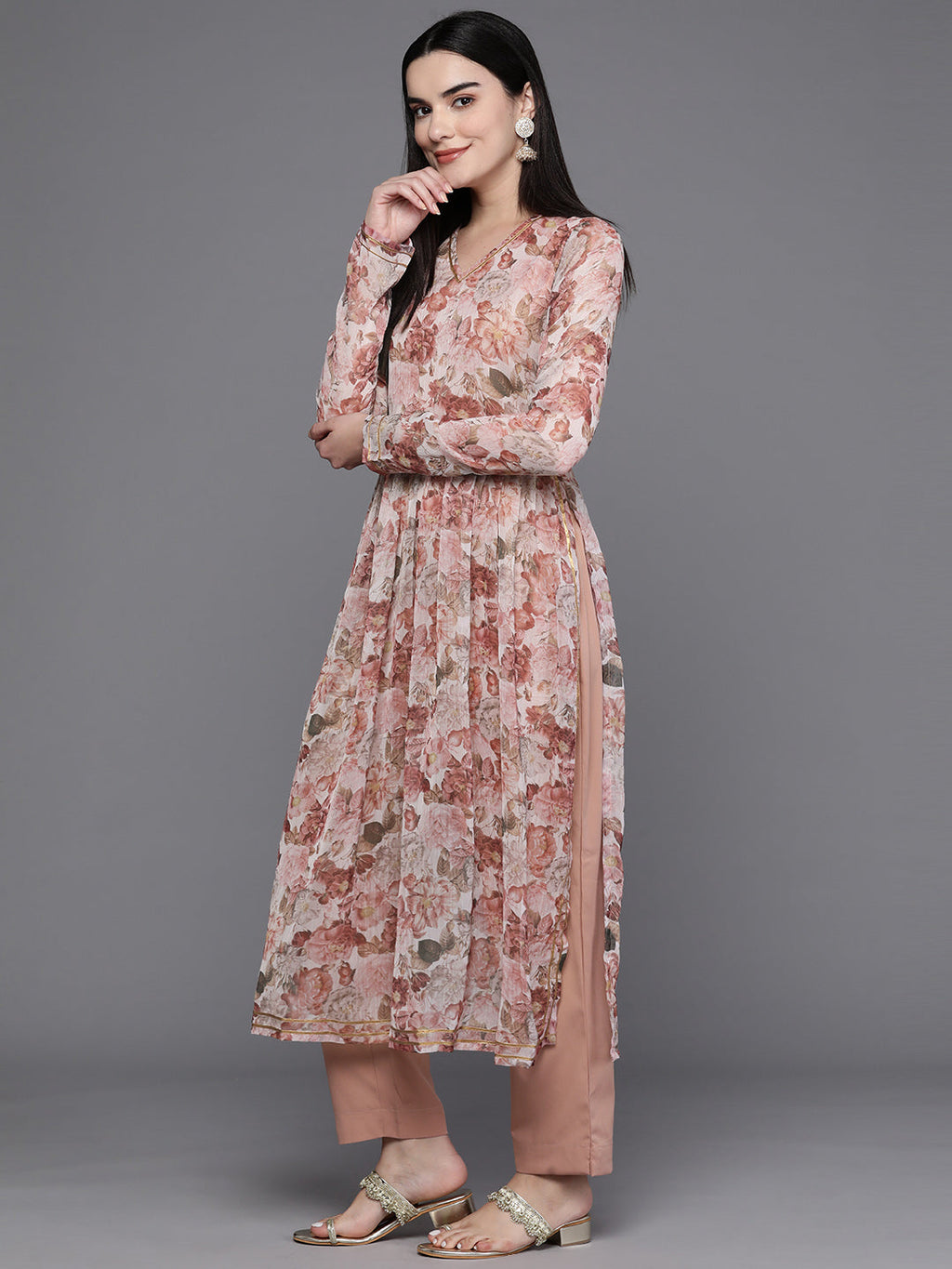 Women Floral Printed Pleated Gotta Patti Kurta with Trousers-AH