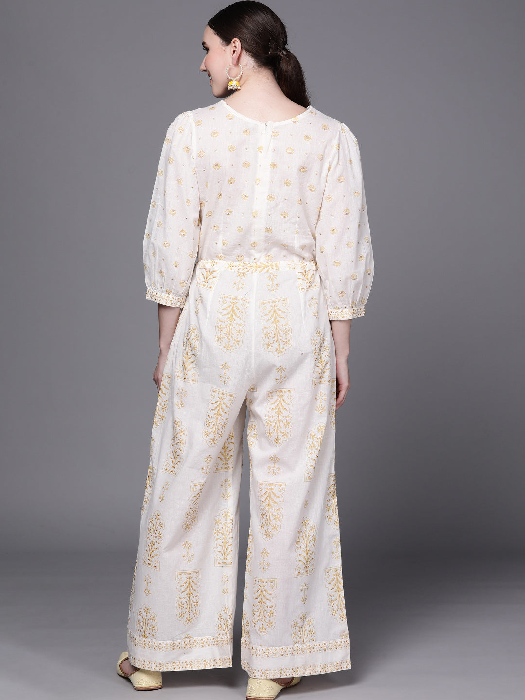 Off White Printed Pure Cotton Jumpsuit with Waist Tie-ups