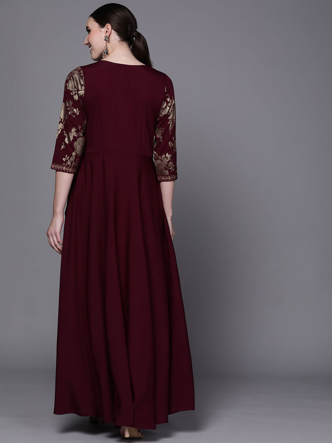 Burgundy Floral Printed Fit & Flare Maxi Ethnic Dress-AH
