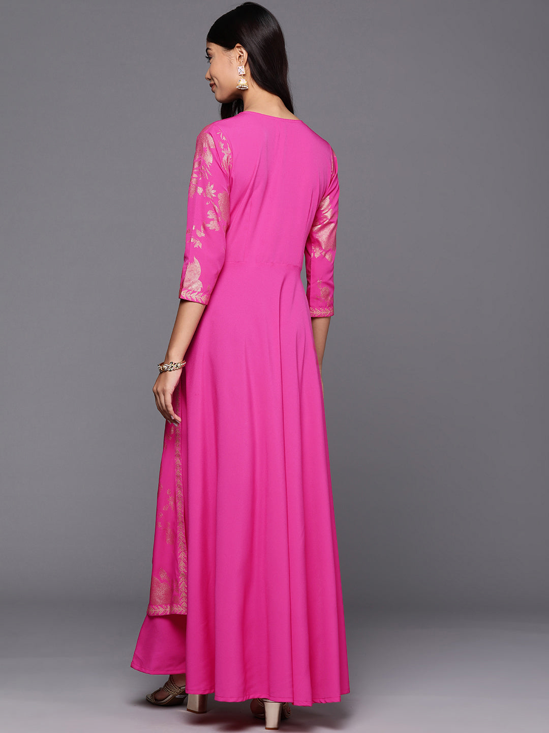 Pink & Gold Floral Print Layered A-Line Maxi Dress