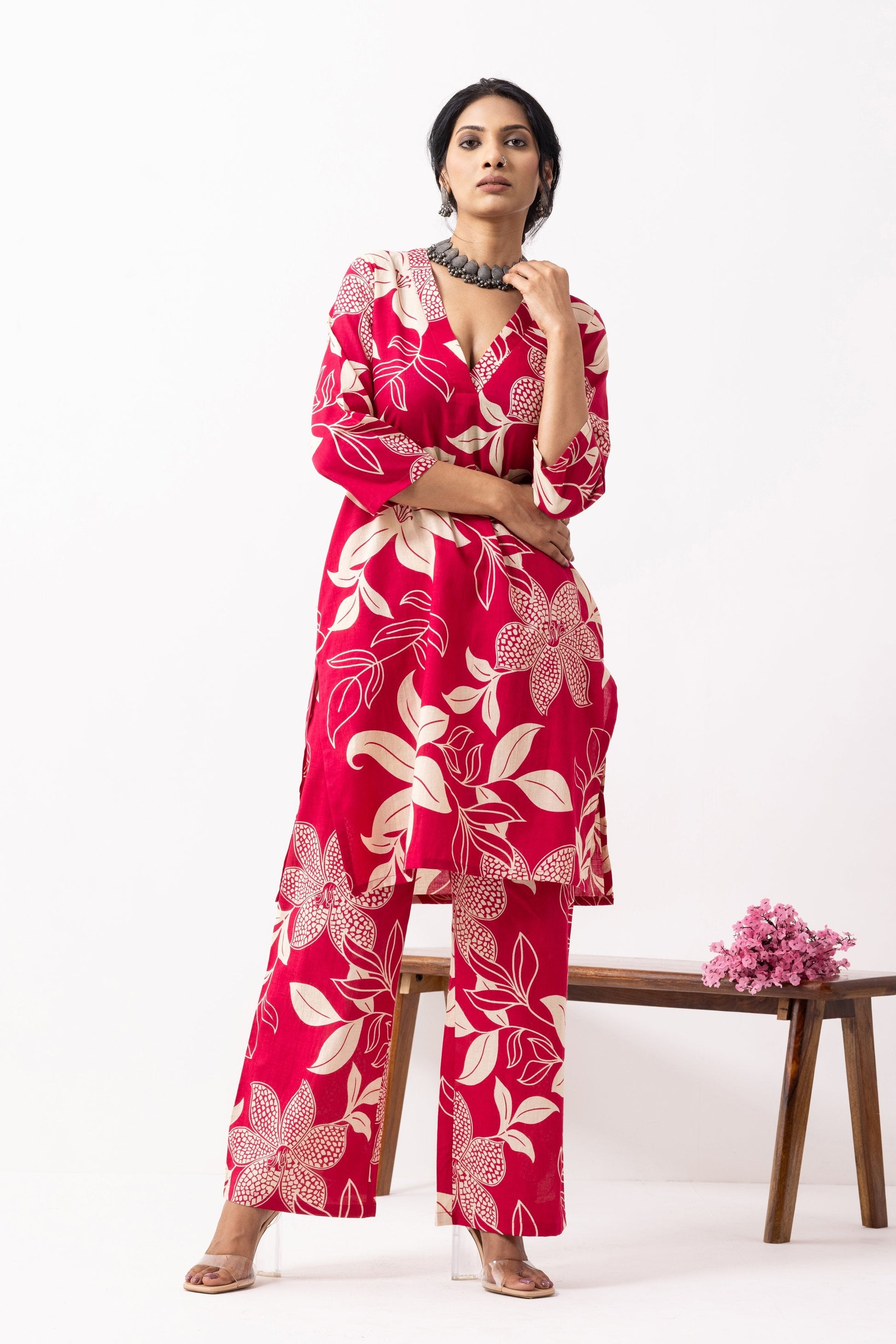 Crimson Red Block Printed Kali Kurta Set (Set of 2)- IC