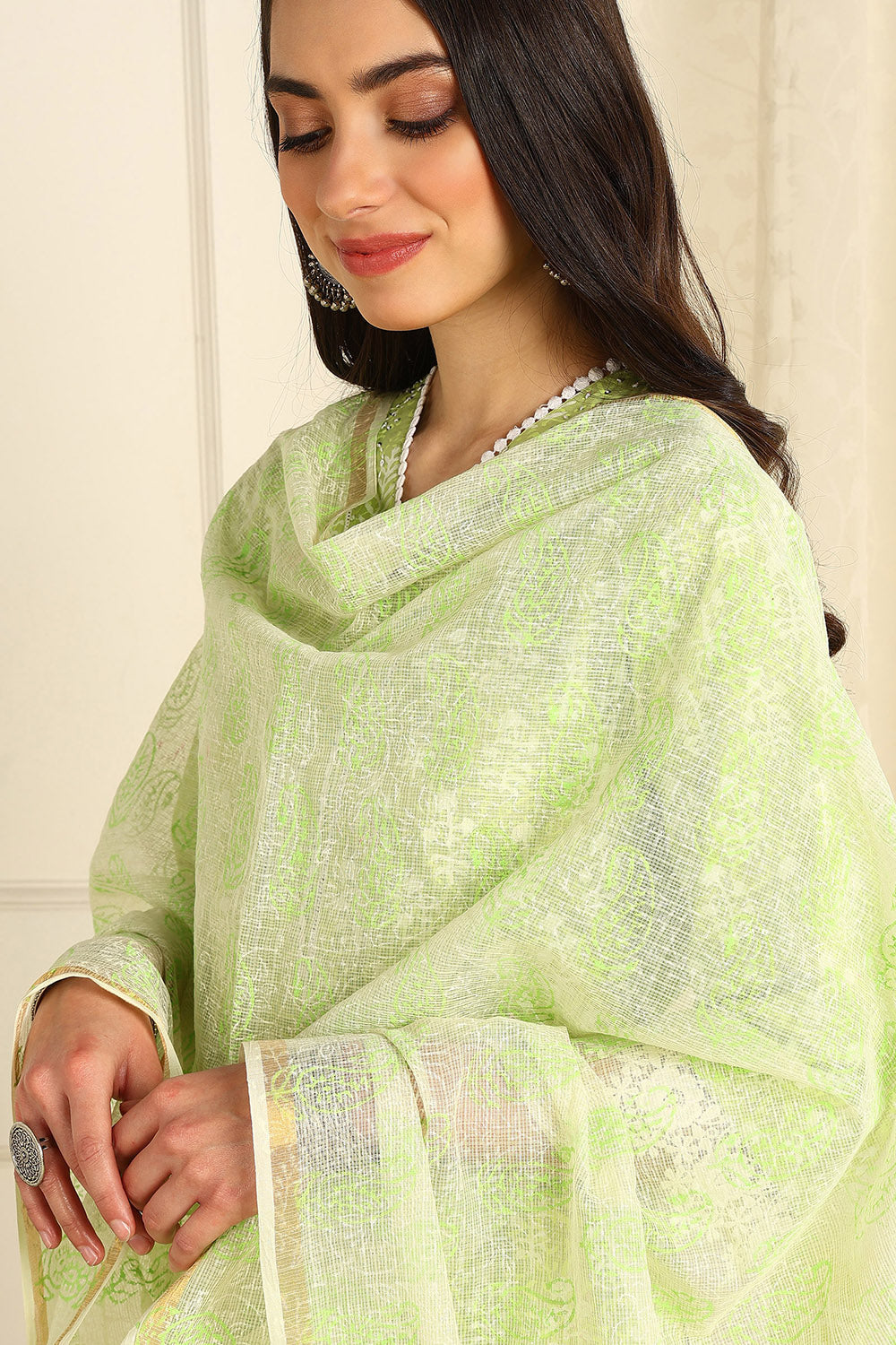 Parrot Green Khari & Hand Block Kota Doria Dupatta