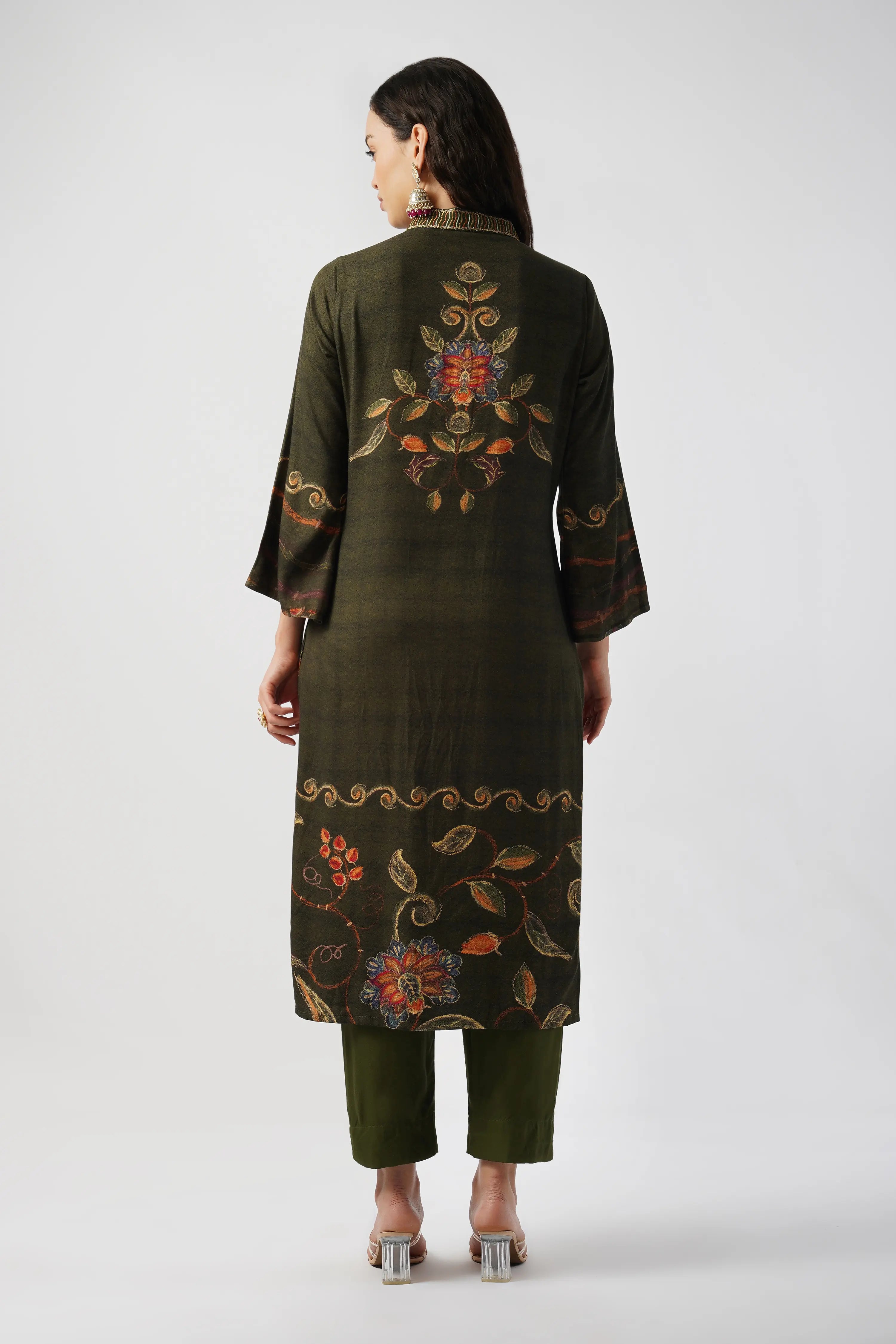 Forest Green Pure Pashmina Wool Designer Kurta Set with Embroidery