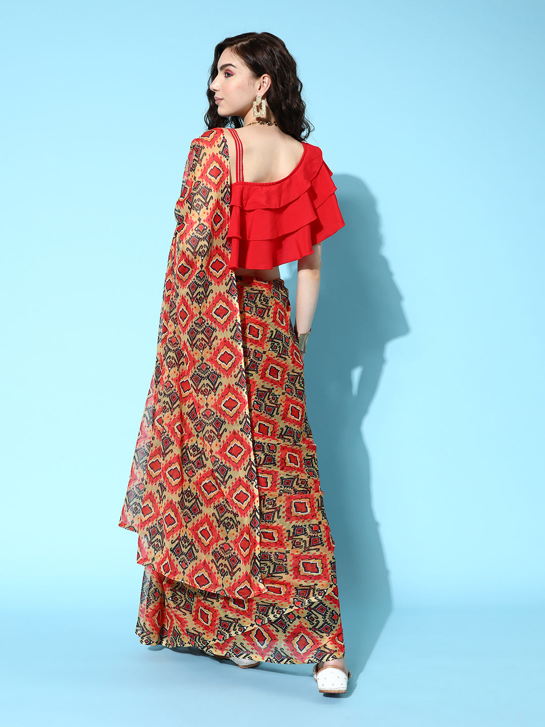 Red & Mustard Printed Poly Chiffon Saree