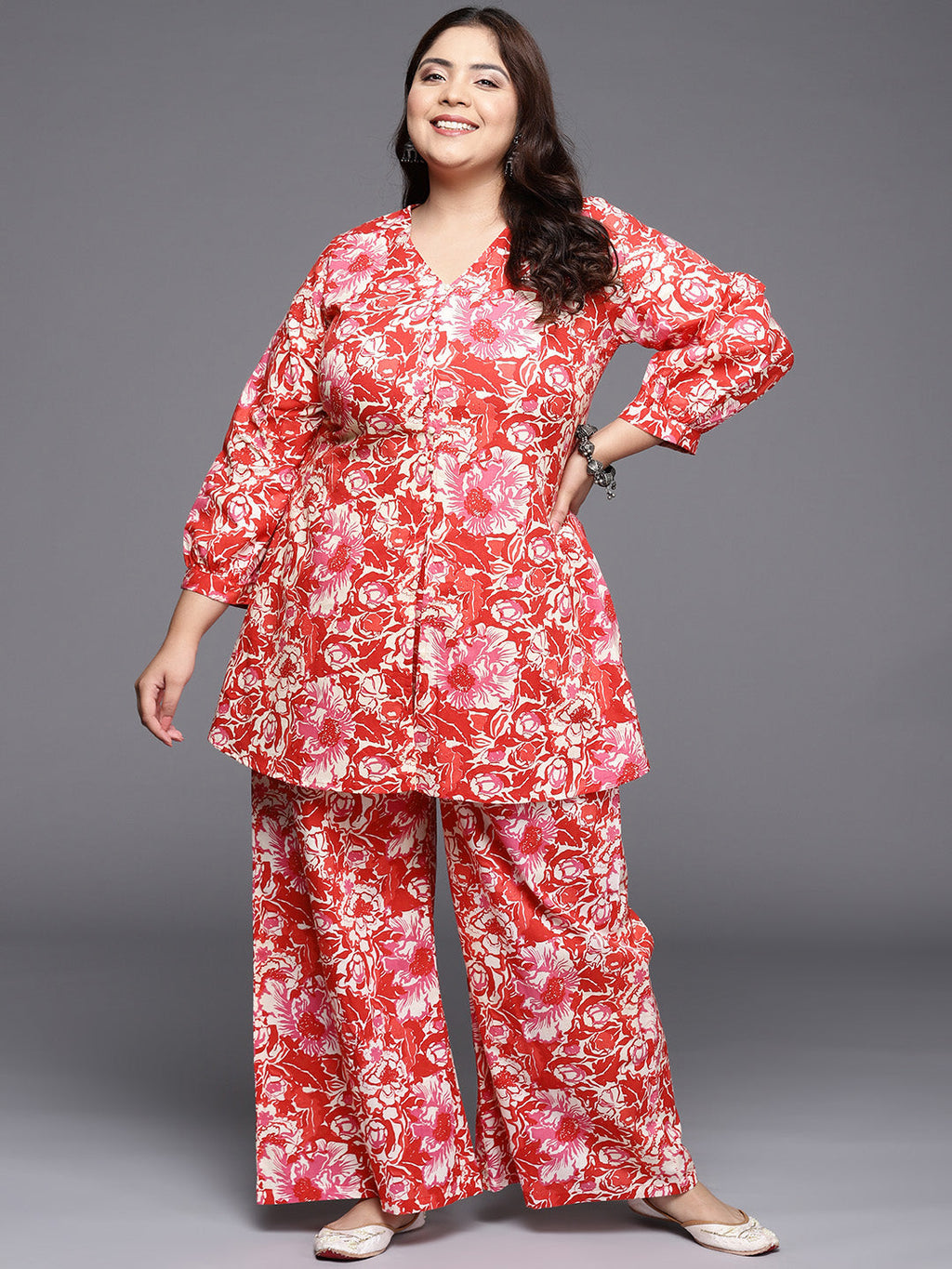 Red & White Printed Plus Size Pure Cotton Tunic with Palazzos-AH