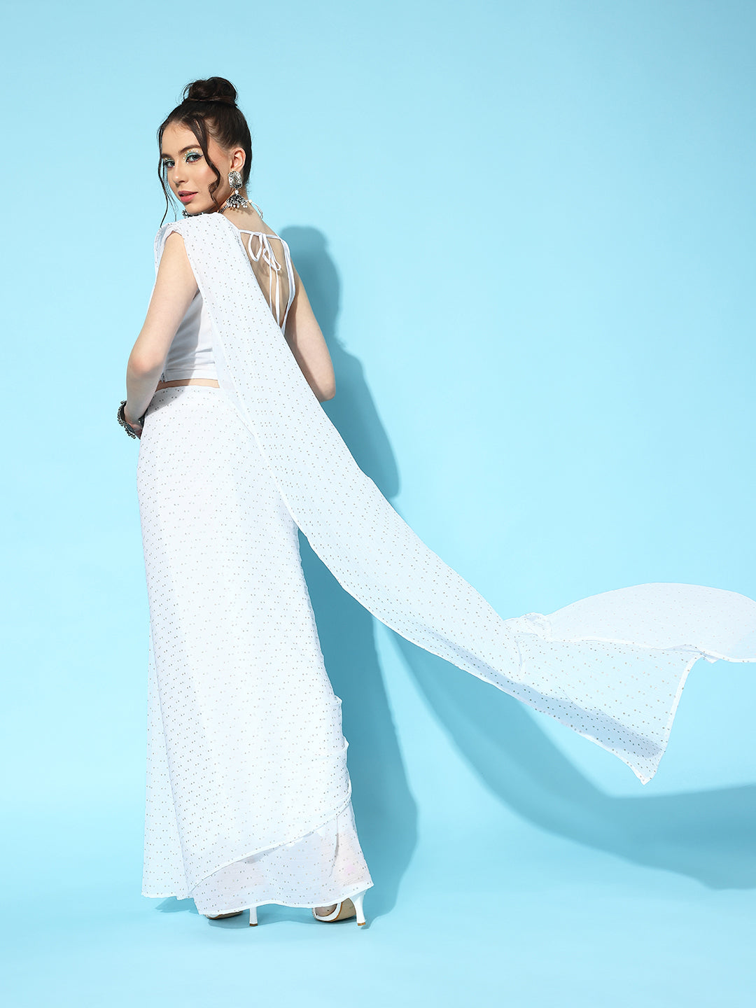 White Polka Dot Glitter Printed Poly Chiffon Saree