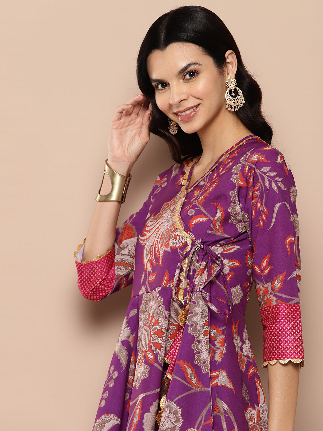 Purple Floral Print Ethnic Tie-Ups Tunic