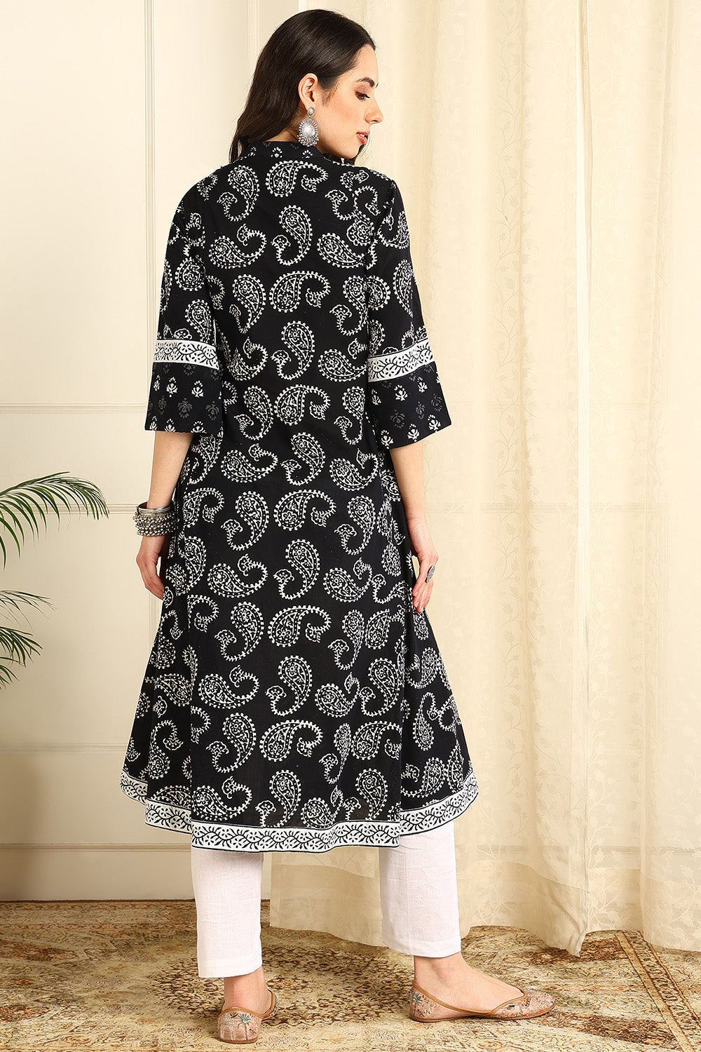 Black & White 'A' Line Bagru Kurta