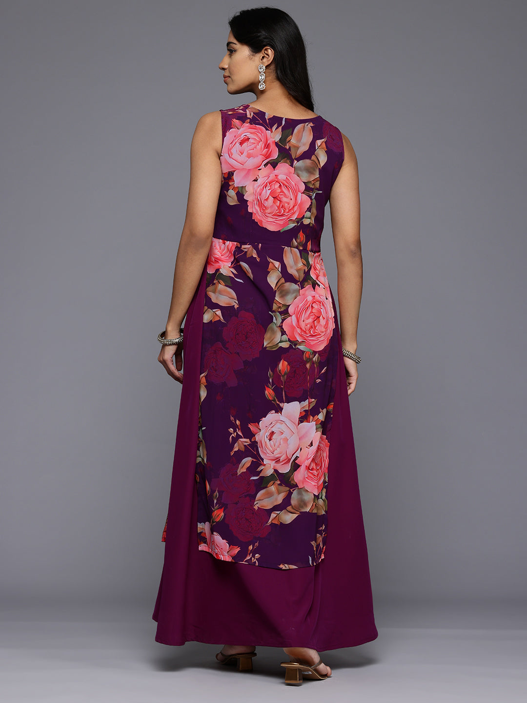 Floral Printed Boat Neck Layered Maxi Gown