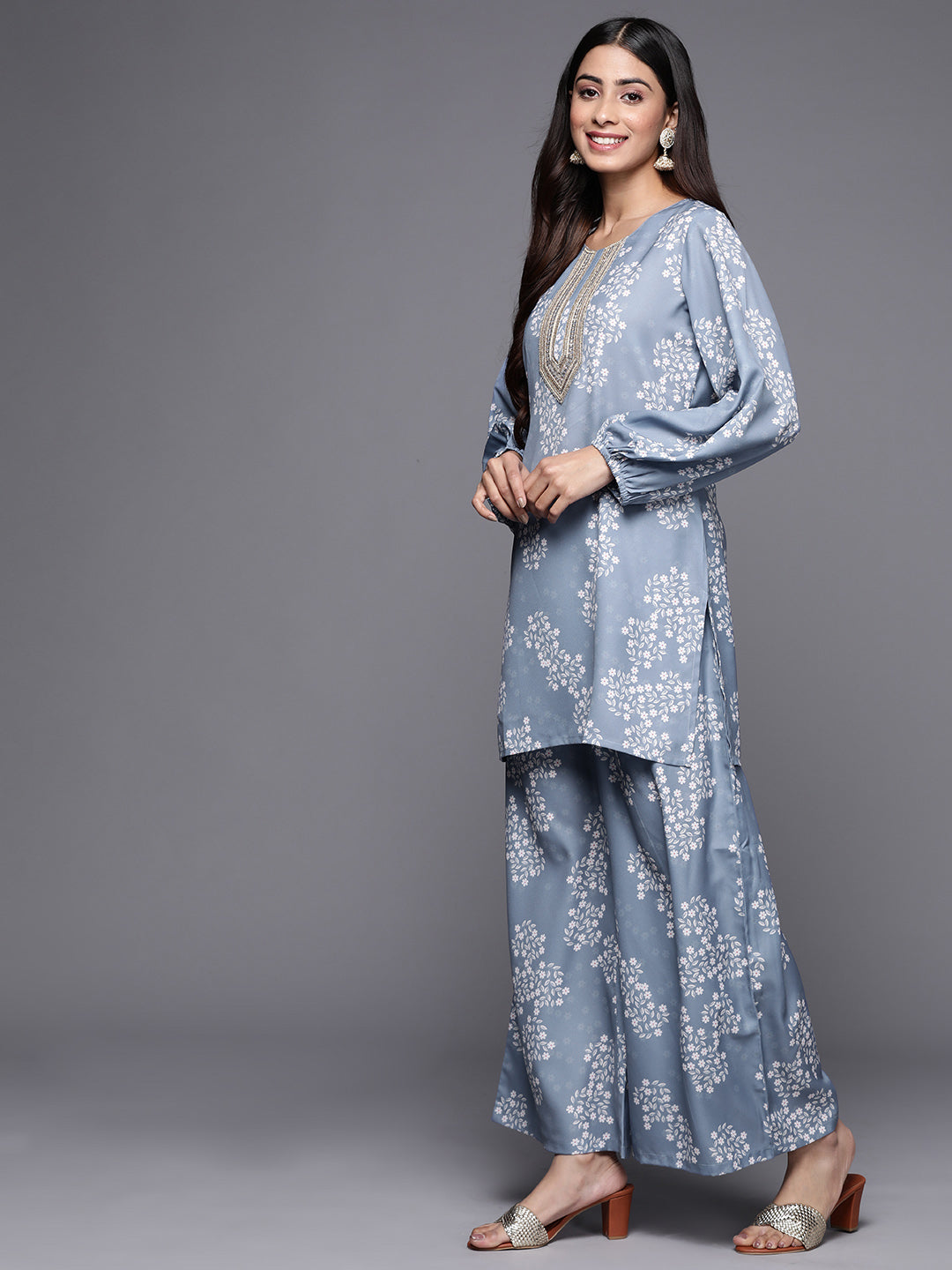 Blue Embroidered Floral Printed Co-ords