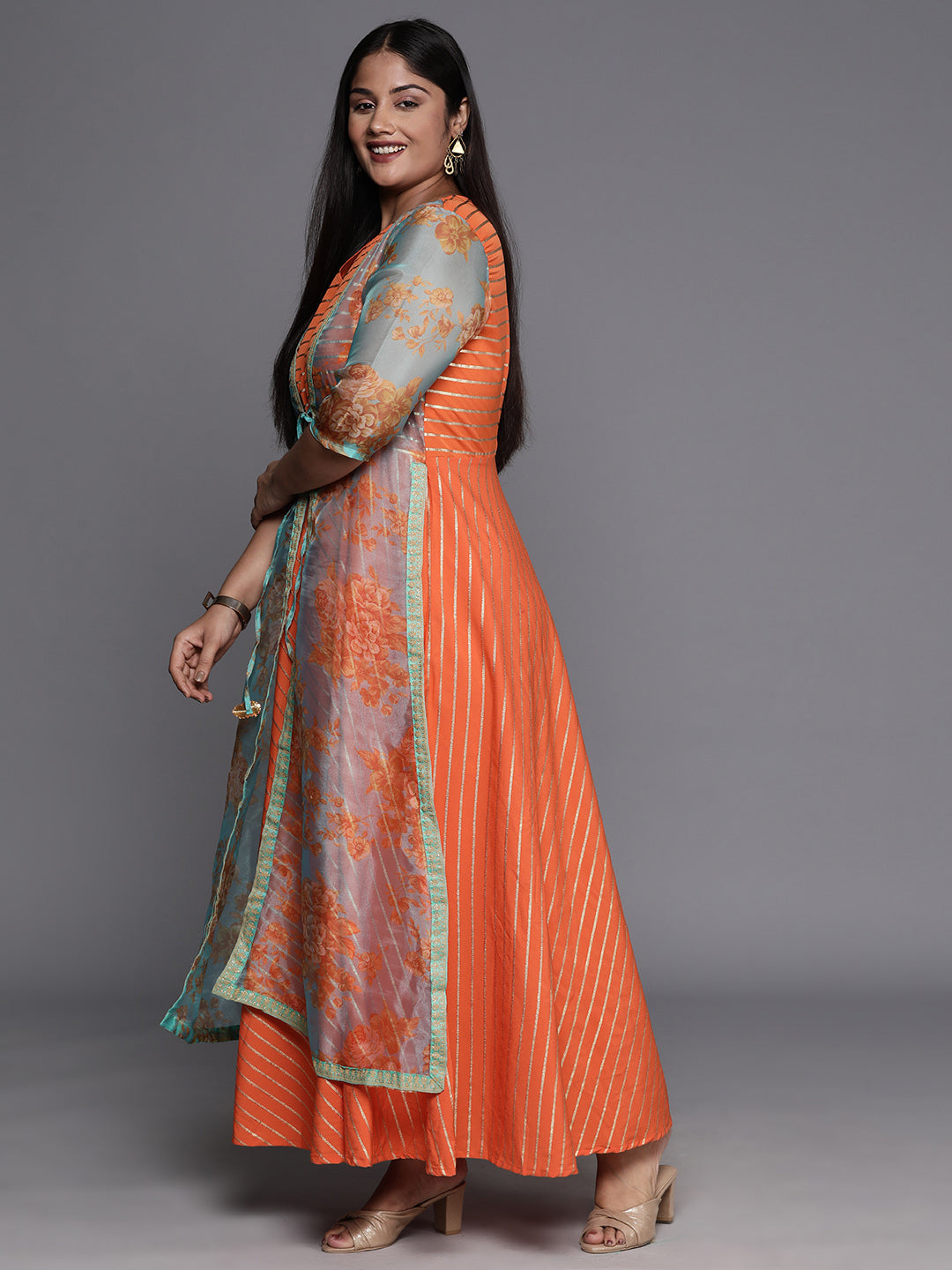 Orange, Gold & Green Printed Plus Size Maxi Ethnic Dress