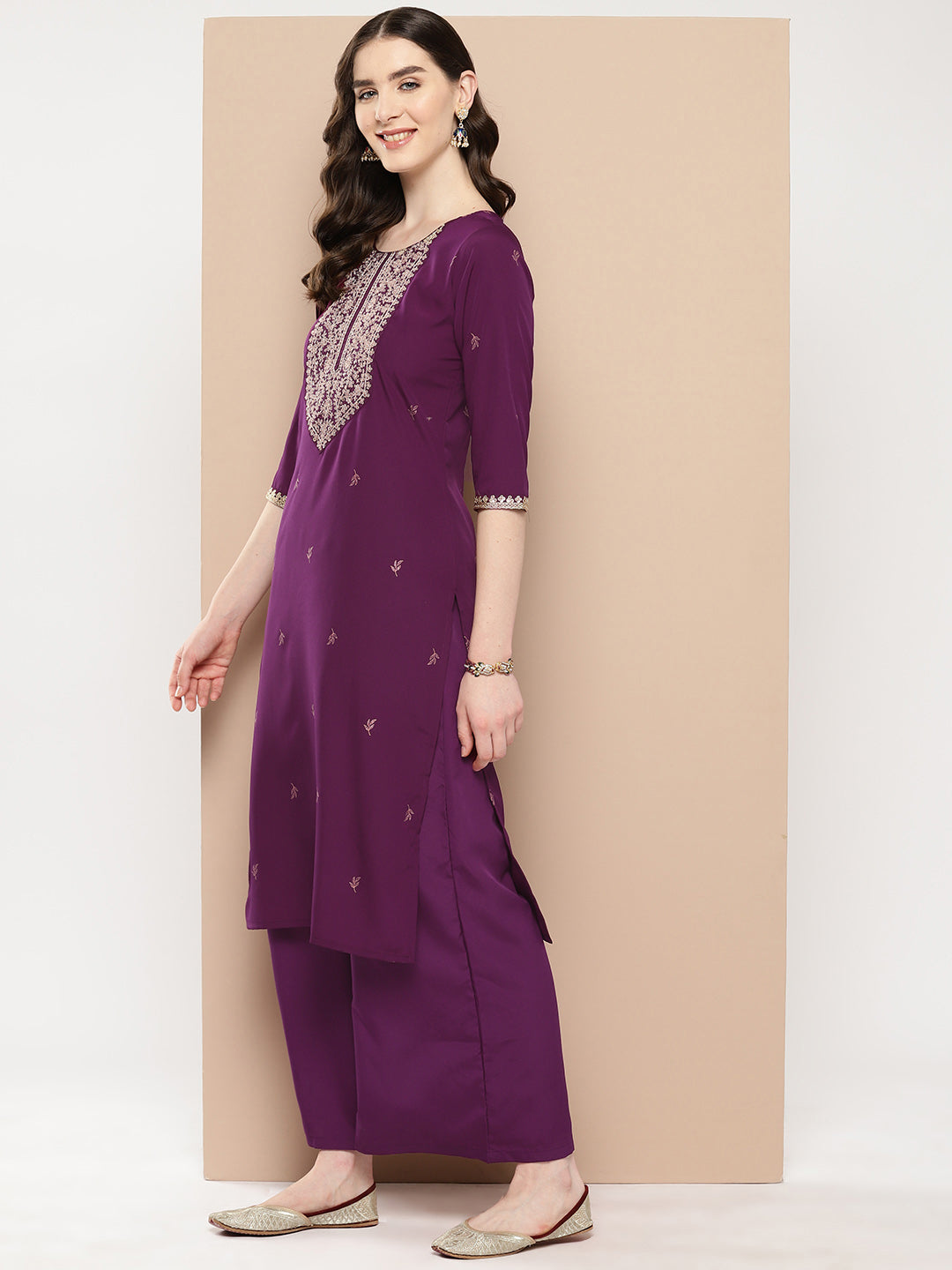 Burgundy Floral Yoke Design Kurta with Palazzos