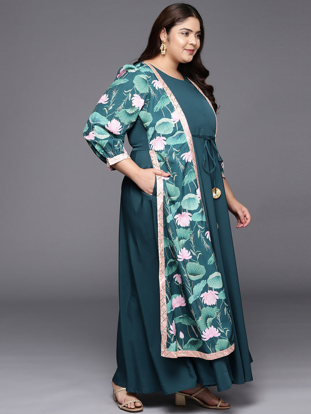 Green Floral Printed Plus Size Maxi Ethnic Dress-AH