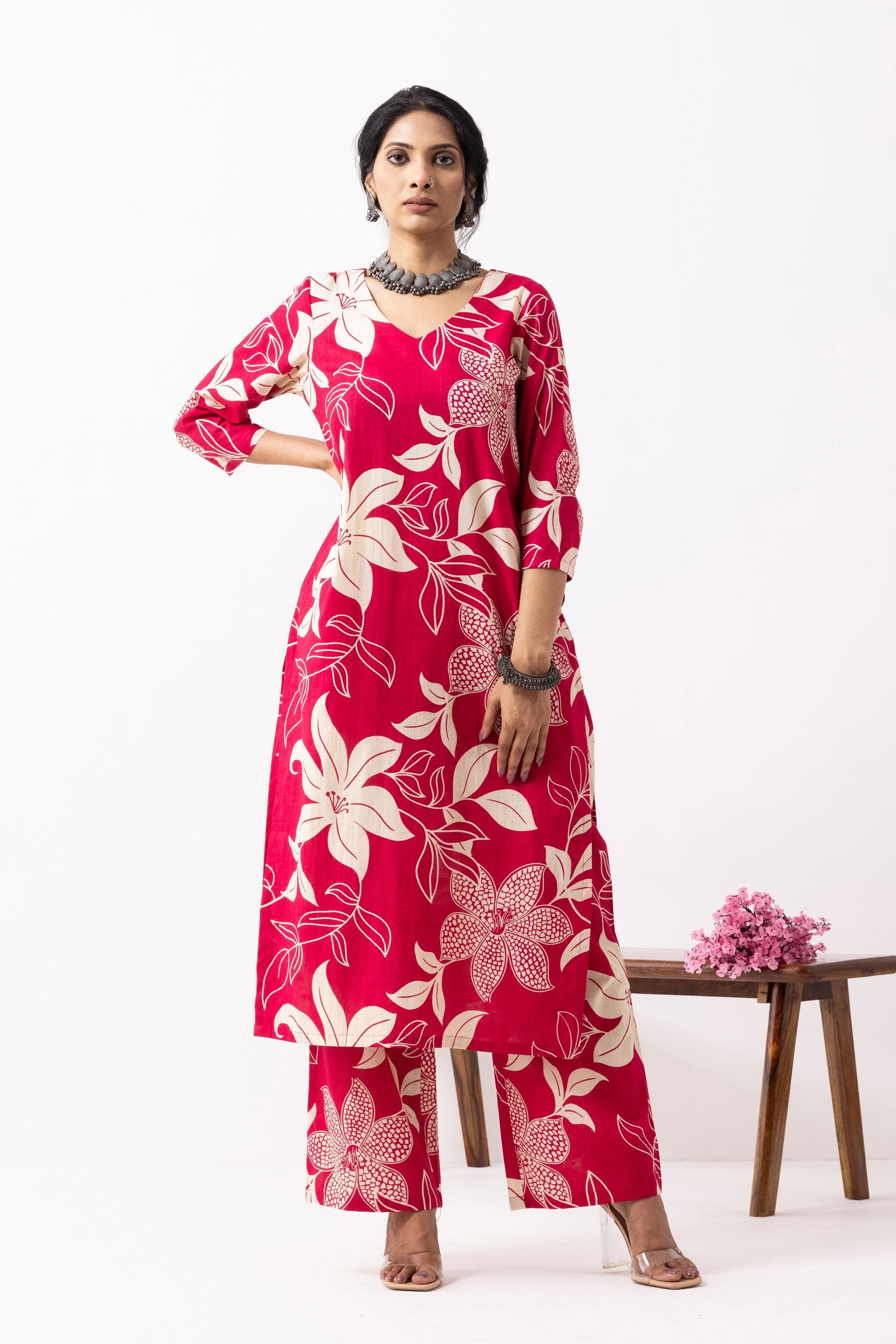 Crimson Red Block Printed Mira Kurta Set (Set of 2)- IC